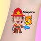 Custom temporary tattoo of child as firefighter with water hose and fiery number 5 for personalized birthday party favor