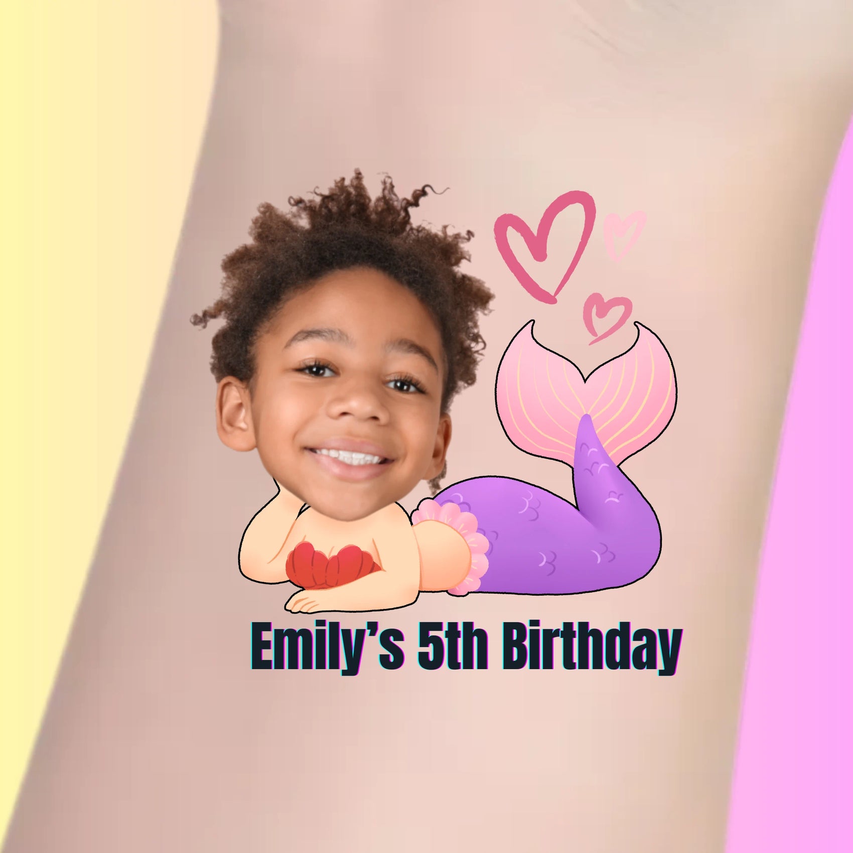 Custom temporary tattoo of a smiling child as a mermaid with pink hearts and text Emily's 5th Birthday
