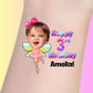 Custom temporary tattoo with a smiling toddler fairy and text Happy 3rd Birthday Amelia, personalized party favor