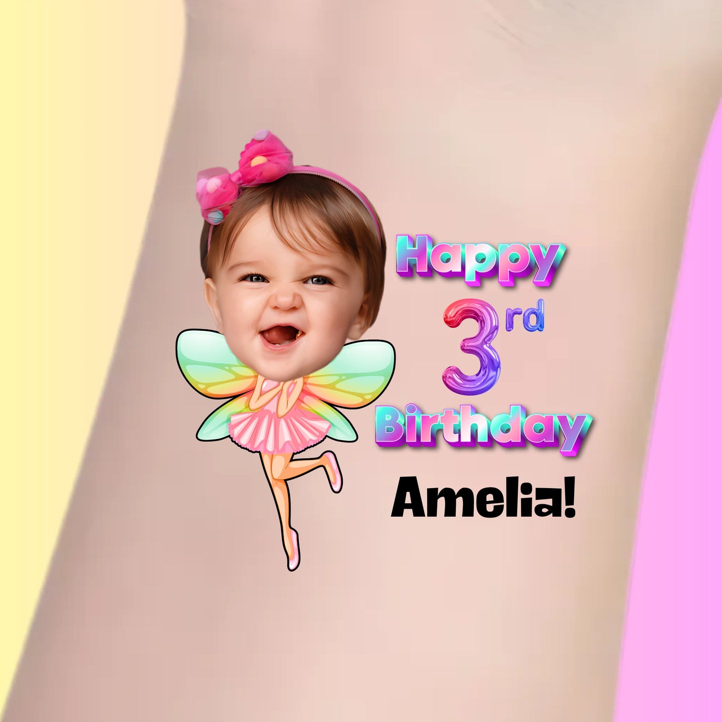 Custom temporary tattoo with a smiling toddler fairy and text Happy 3rd Birthday Amelia, personalized party favor