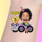 Custom temporary tattoo of a happy child's face with party hat on cartoon purple car, Caleb's 5 birthday