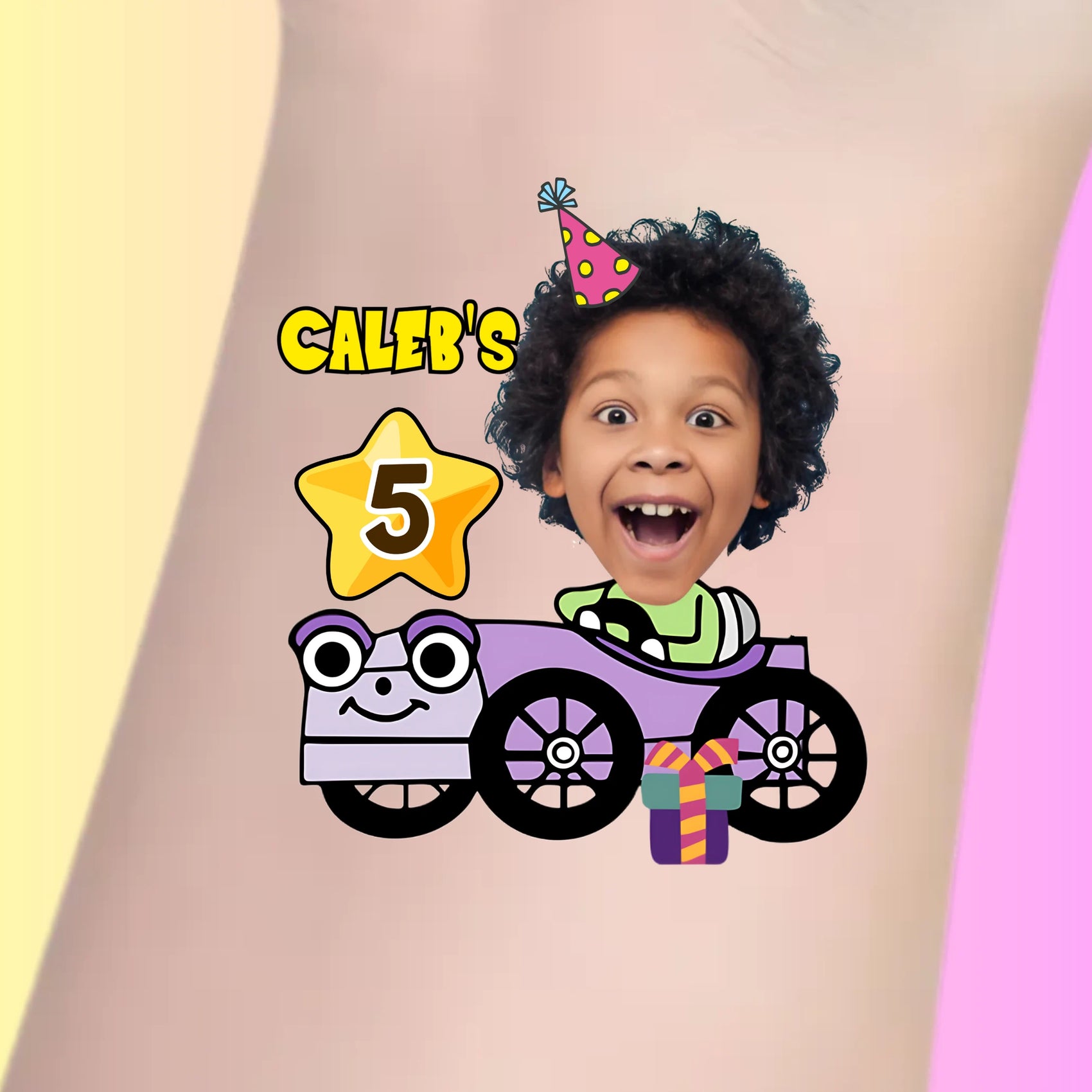 Custom temporary tattoo of a happy child's face with party hat on cartoon purple car, Caleb's 5 birthday