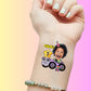 Custom temporary tattoo on wrist with excited child's face in purple car, party hat, star with number 5, and gift for birthday party favor