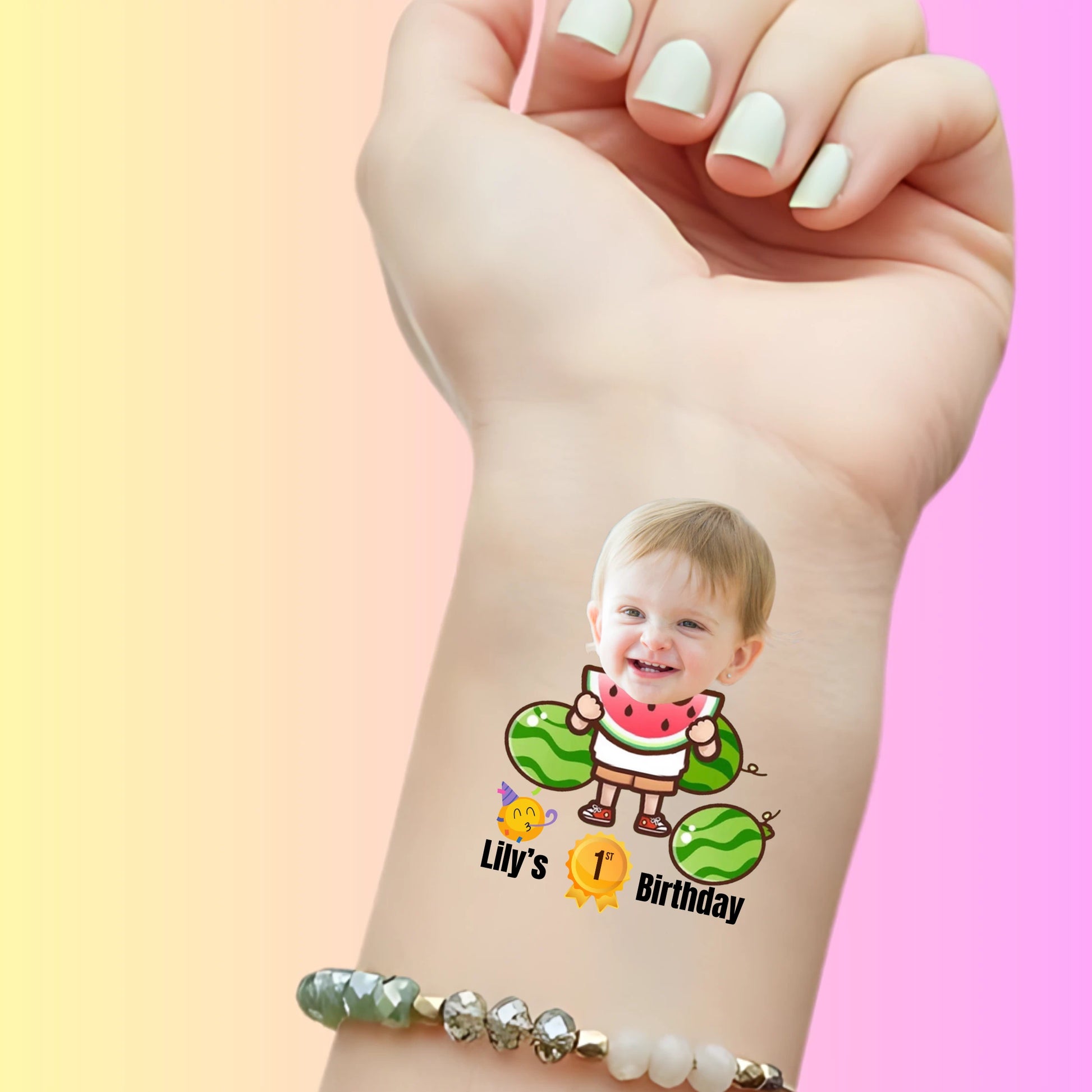 Custom temporary tattoo featuring a child's photo with watermelon design for Lily's 1st birthday party favor