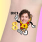 Custom temporary tattoo with boy's face on animated pizza slice holding peace sign and number 8 for birthday