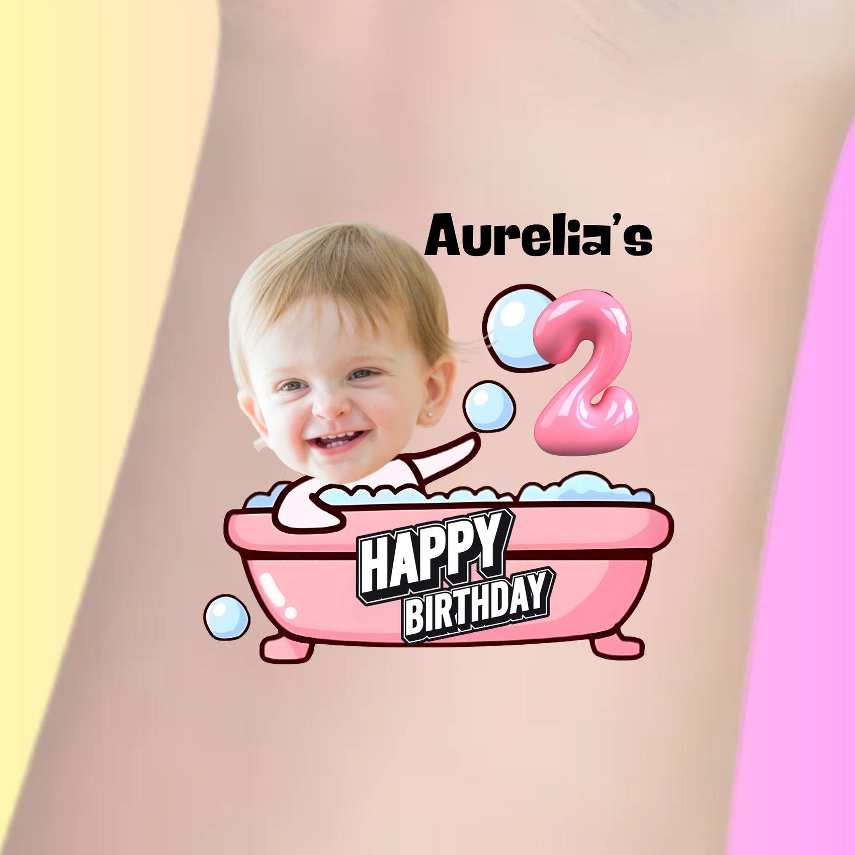 Custom temporary tattoo with baby face in pink bathtub, bubbles, number 2, and happy birthday text for personalized party favor