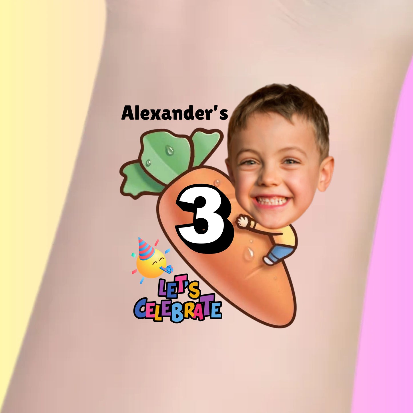 Custom temporary tattoo with child's face hugging carrot, text Alexander's 3, let's celebrate birthday favor