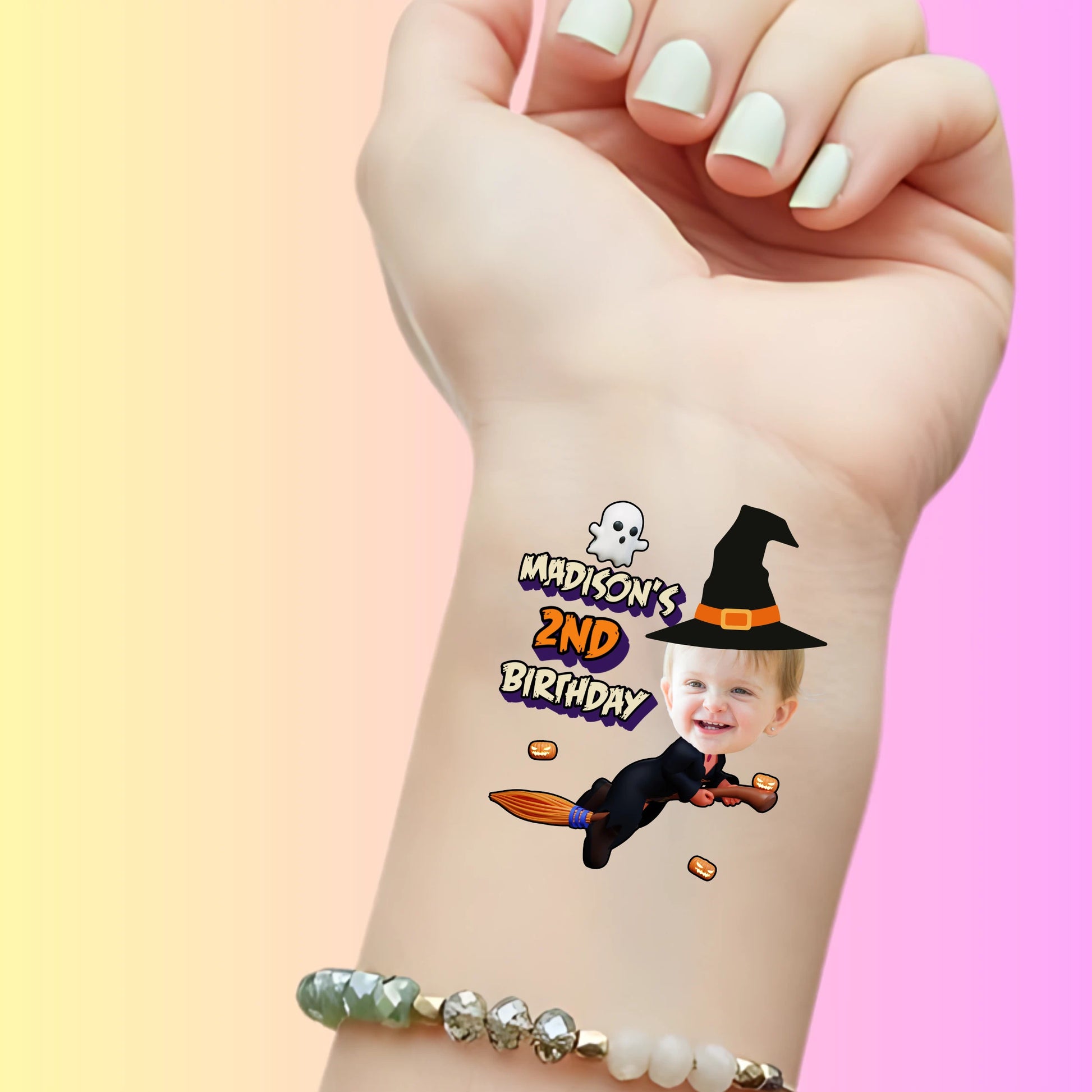 Custom temporary tattoo of a toddler as a witch with hats and broom, personalized for Madison's 2nd birthday