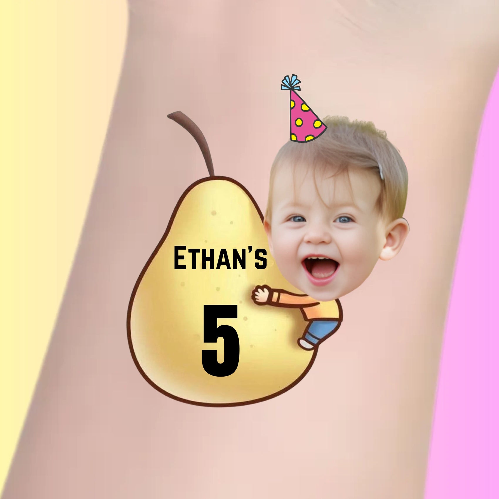 Custom temporary tattoo of a pear with child's photo and party hat, featuring text 'ETHAN'S 5', personalized party favor for birthday