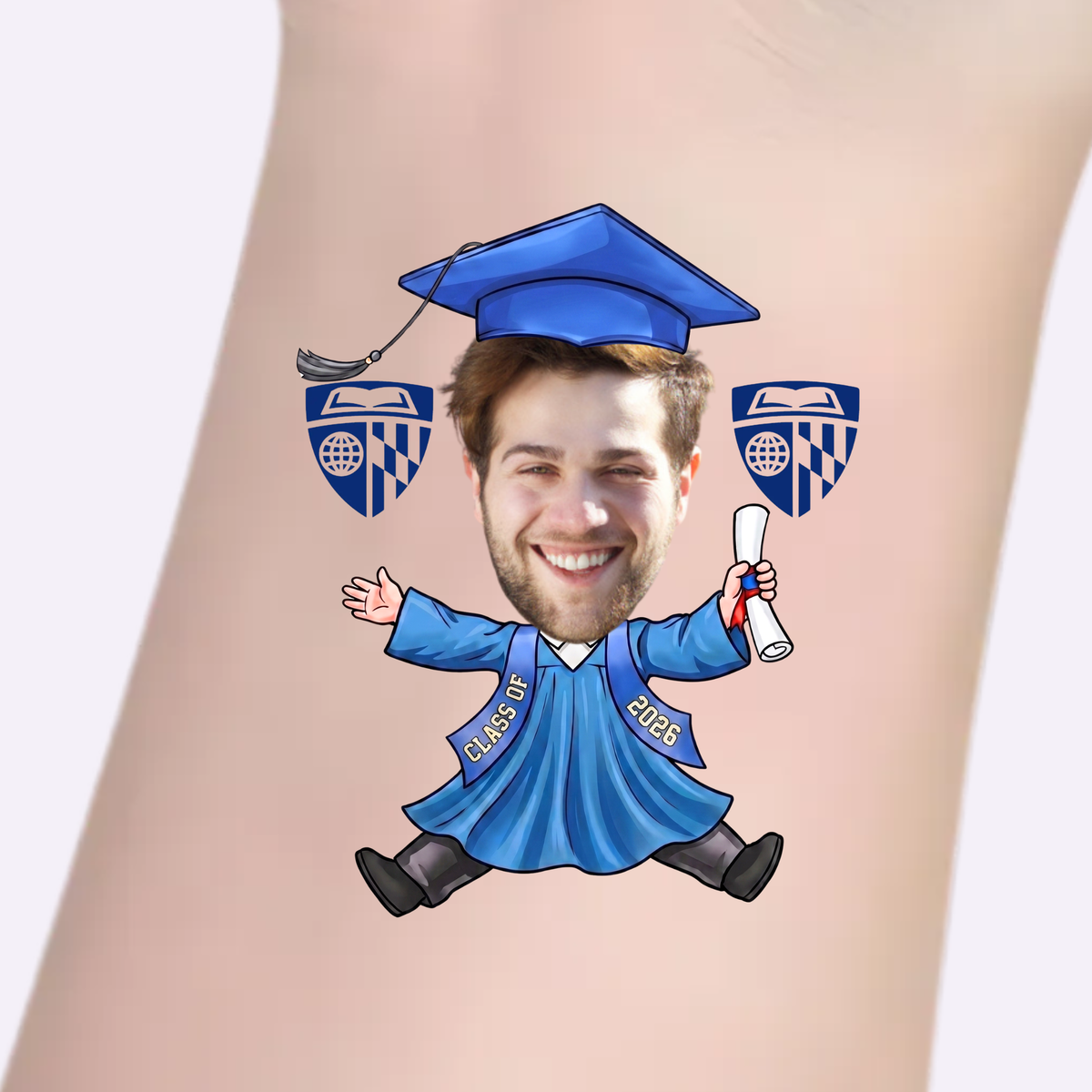 School Spirit Blue Gown – Custom Graduation Tattoos
