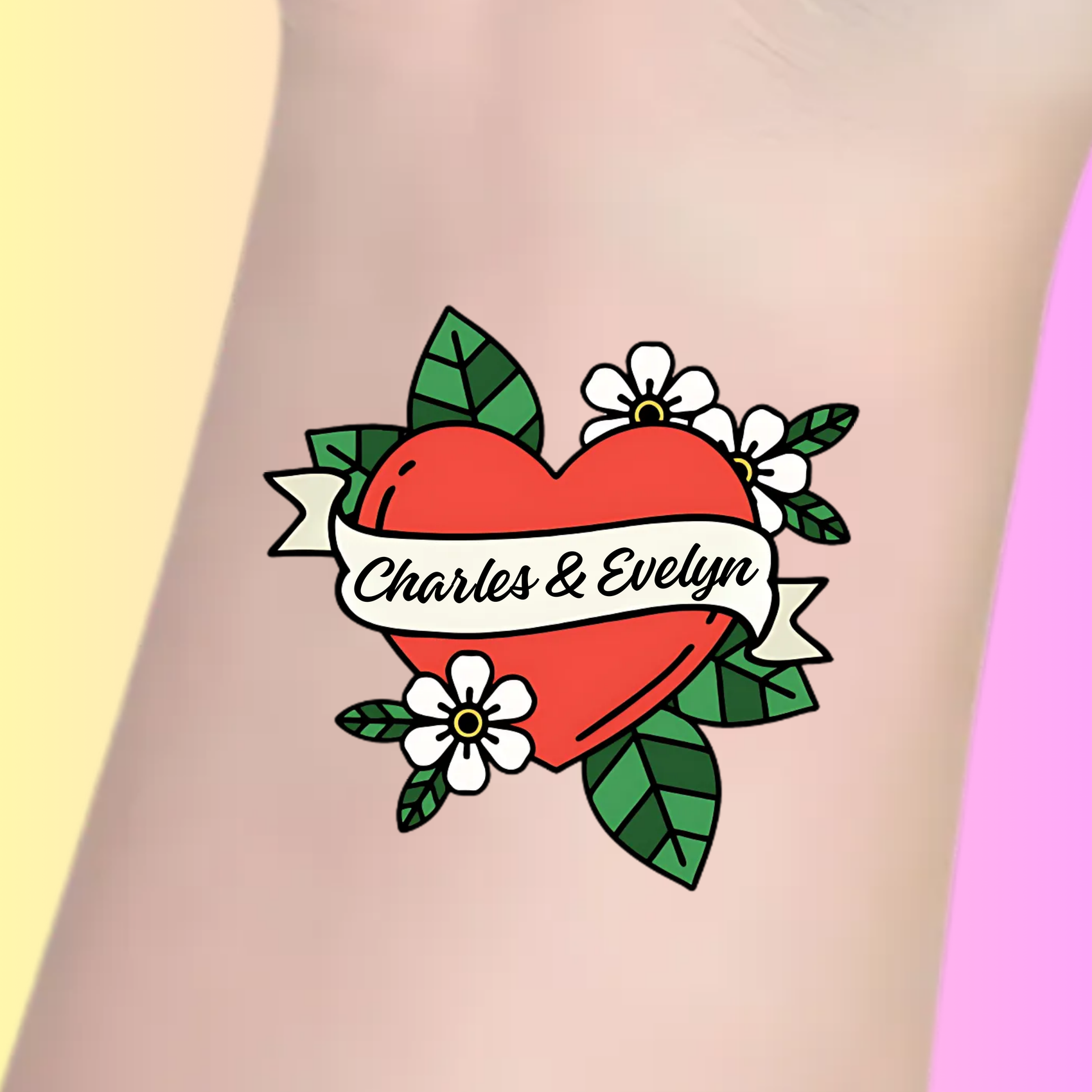 custom temporary tattoo of red heart with Charles & Evelyn names and white flowers, personalized party favor for weddings