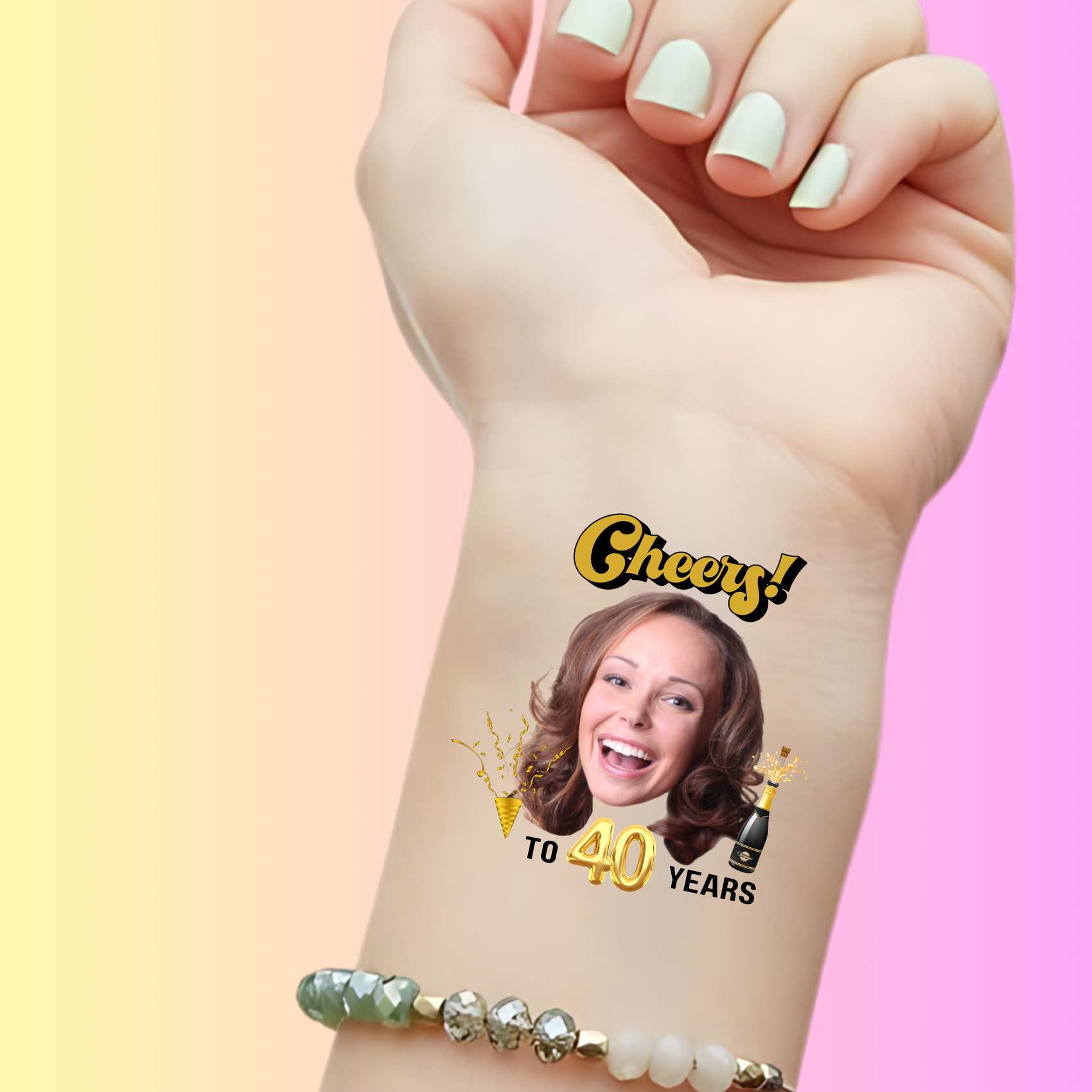 Custom Birthday Temporary Tattoos - Funny Cheers to 40 Years Champagne Theme