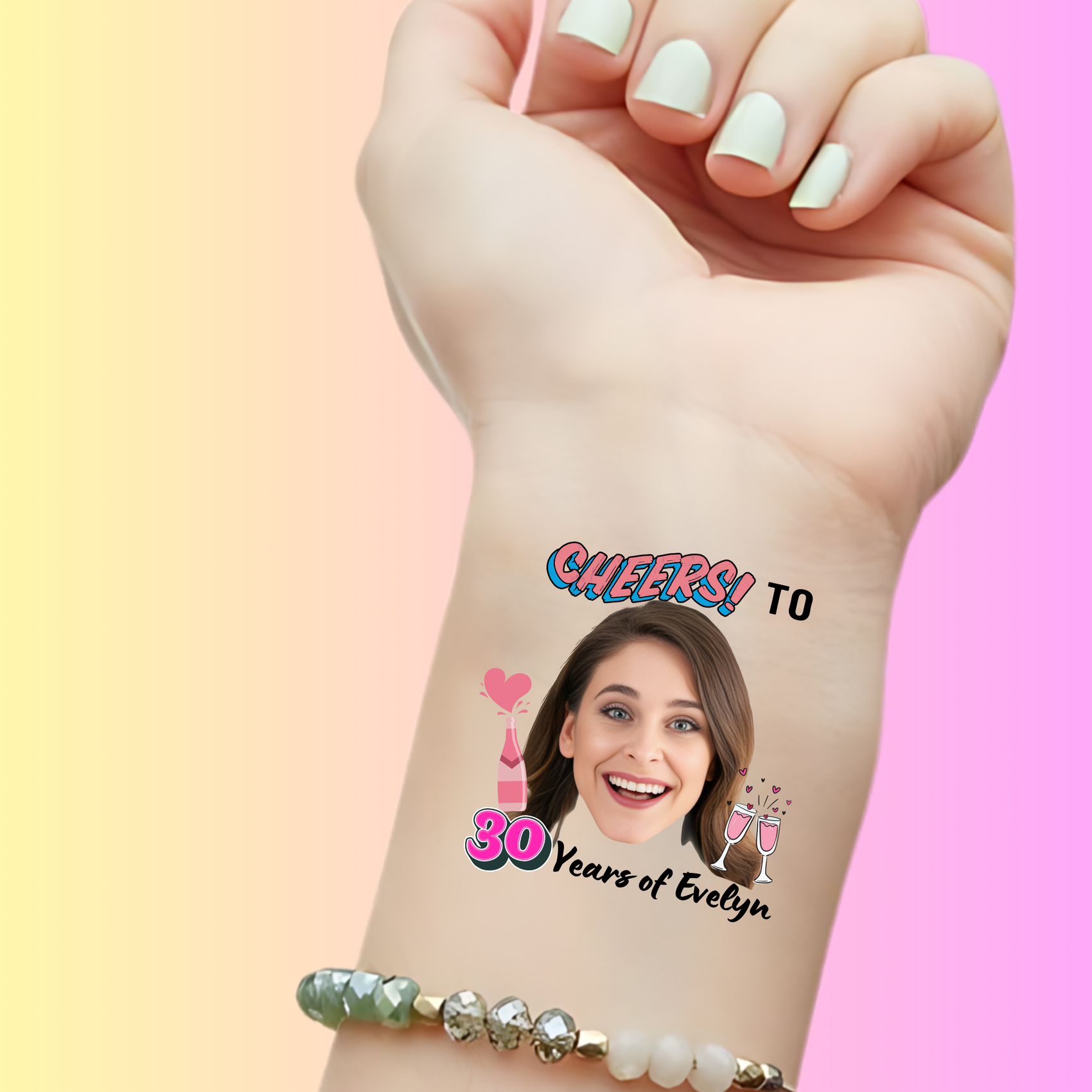 Custom Birthday Temporary Tattoos - Cheers to 30 Years Pink Champagne Theme