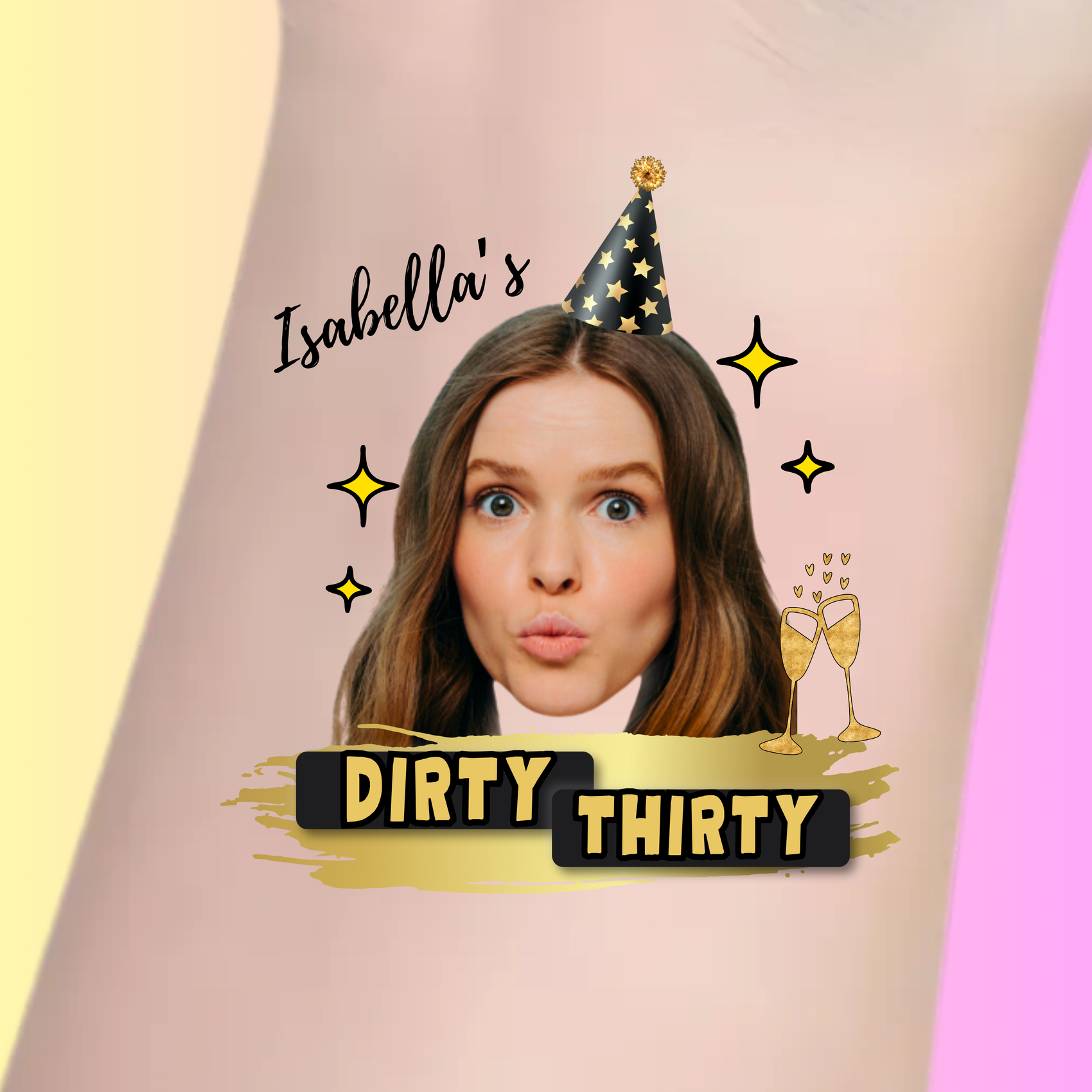 Custom Birthday Temporary Tattoos - Dirty Thirty Black & Gold Theme