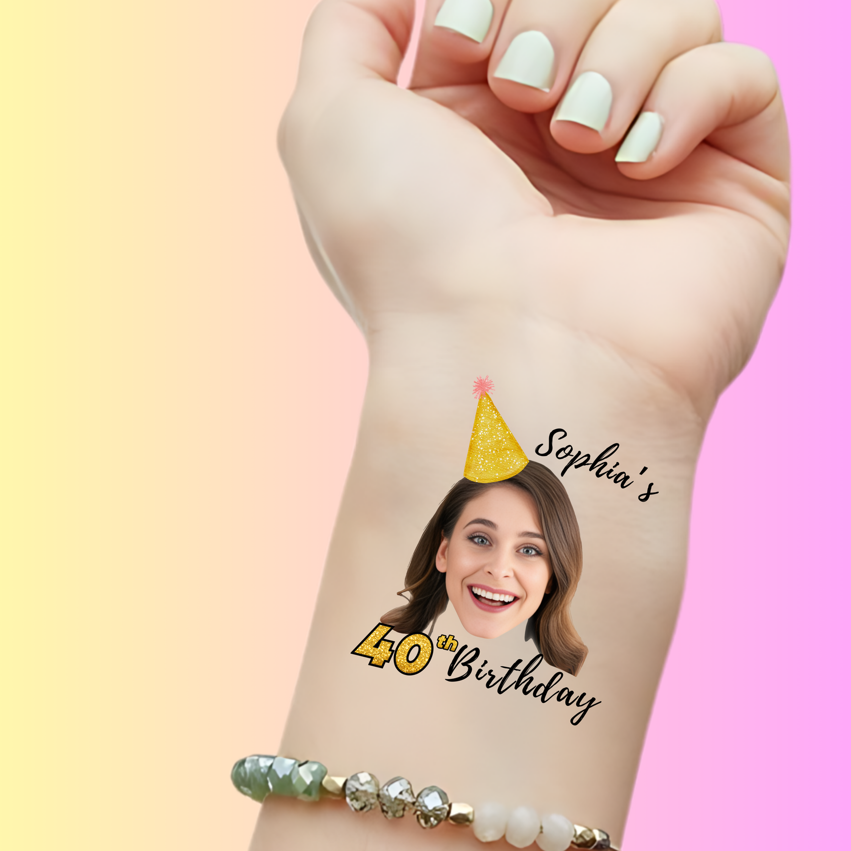Custom Birthday Temporary Tattoos - Elegant Gold Glitter Hat