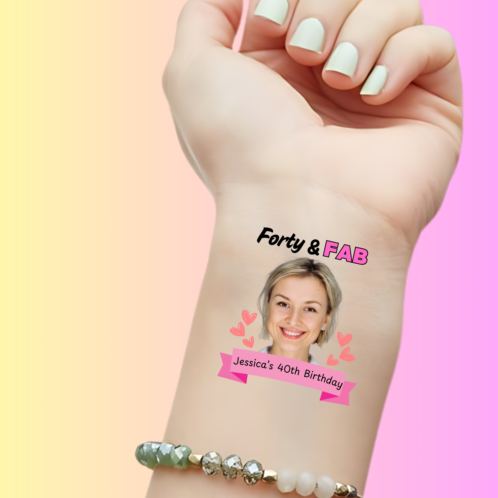 Custom Birthday Temporary Tattoose - Forty & FAB Heart