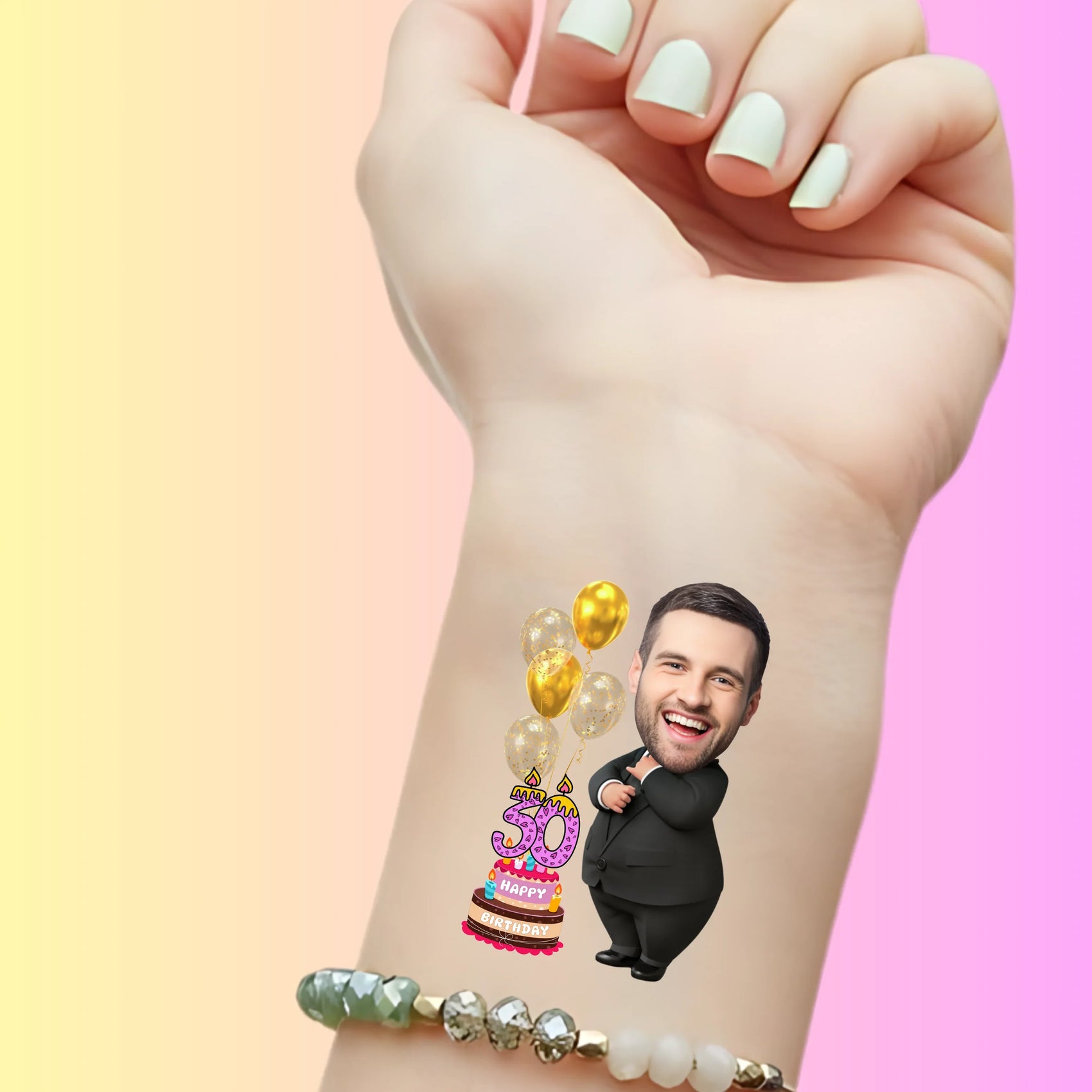 Custom Birthday Temporary Tattoos - Classy Black Suit & Birthday Cake