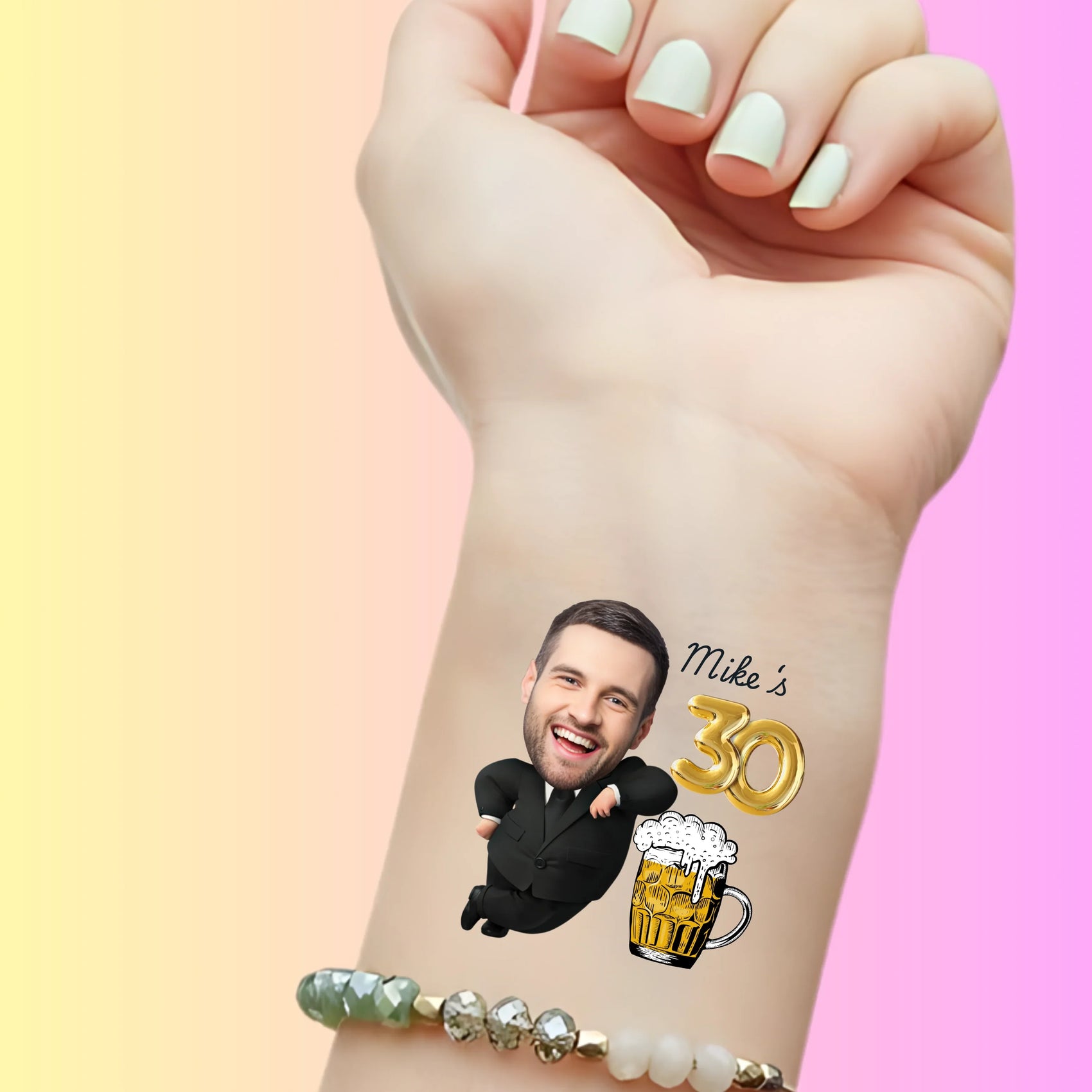 Custom Birthday Temporary Tattoos - Funny Suit and Beer Birthday