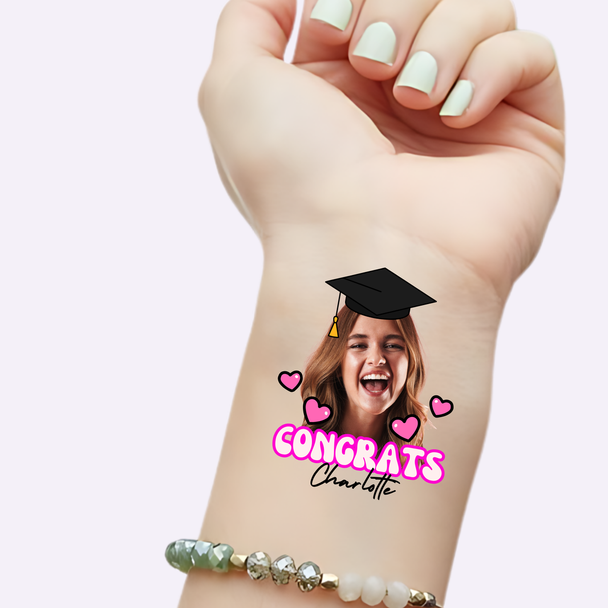 Pink Hearts Congrats – Custom Graduation Tattoos