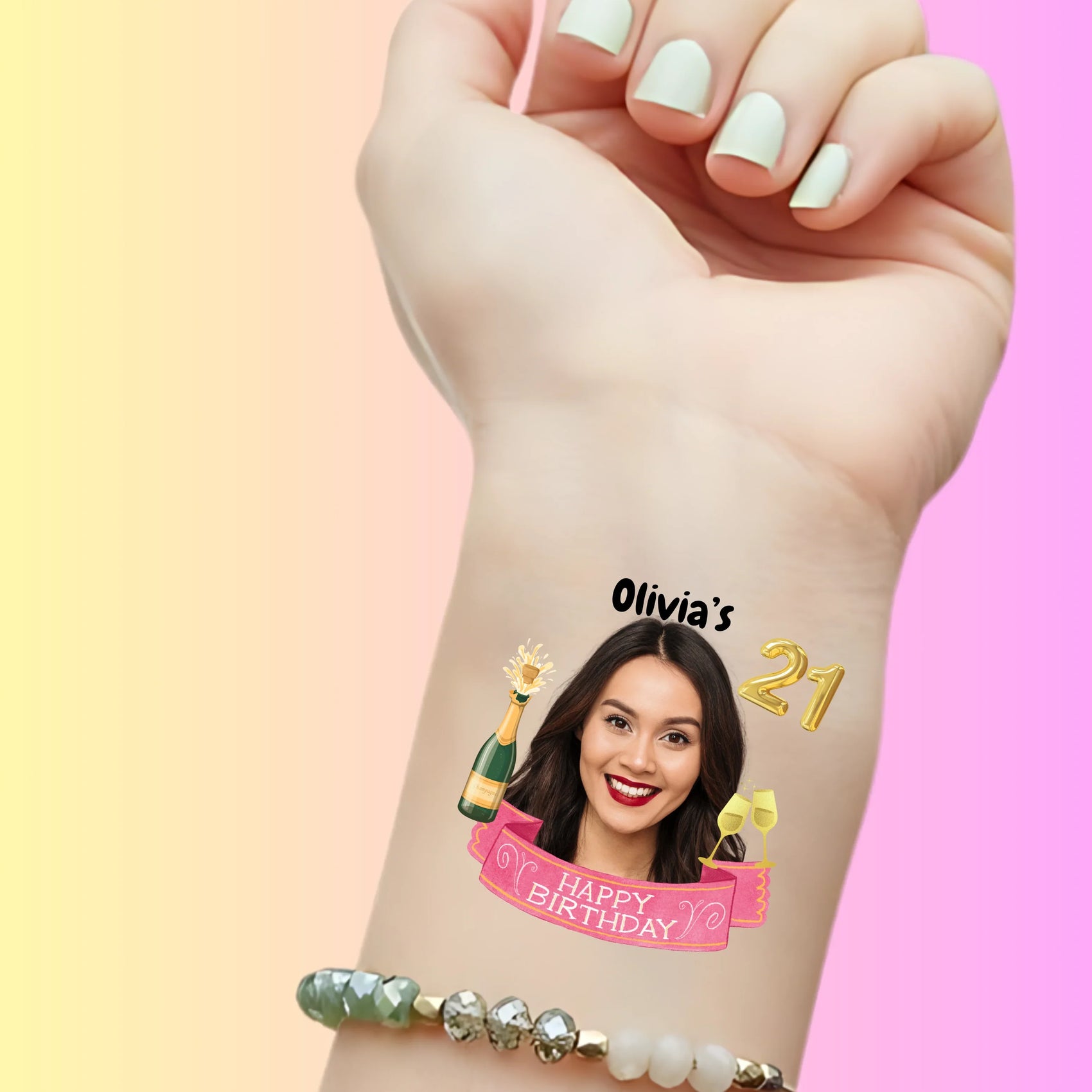 Custom Birthday Temporary Tattoos - Pink Champagne Celebration Banner