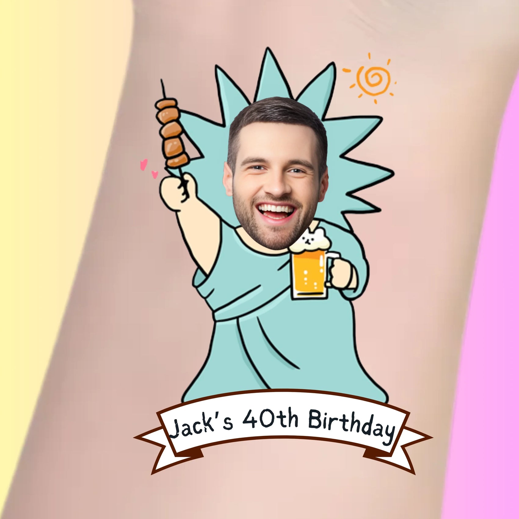 Custom temporary tattoo of Statue of Liberty holding skewer and beer, personalized party favor for Jack's 40th birthday