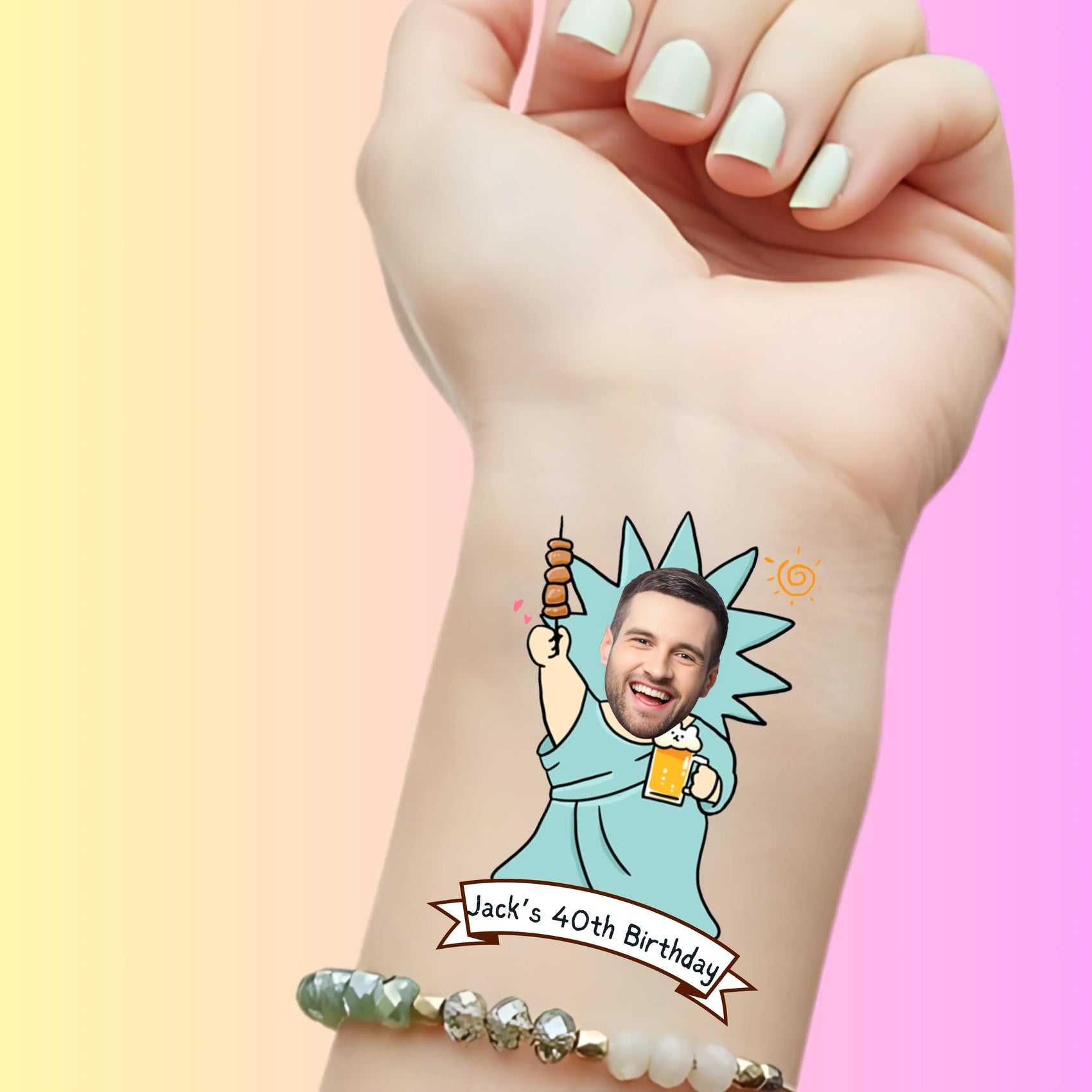 Custom temporary tattoo on wrist showing man’s face as Statue of Liberty holding skewer and beer for Jack’s 40th birthday