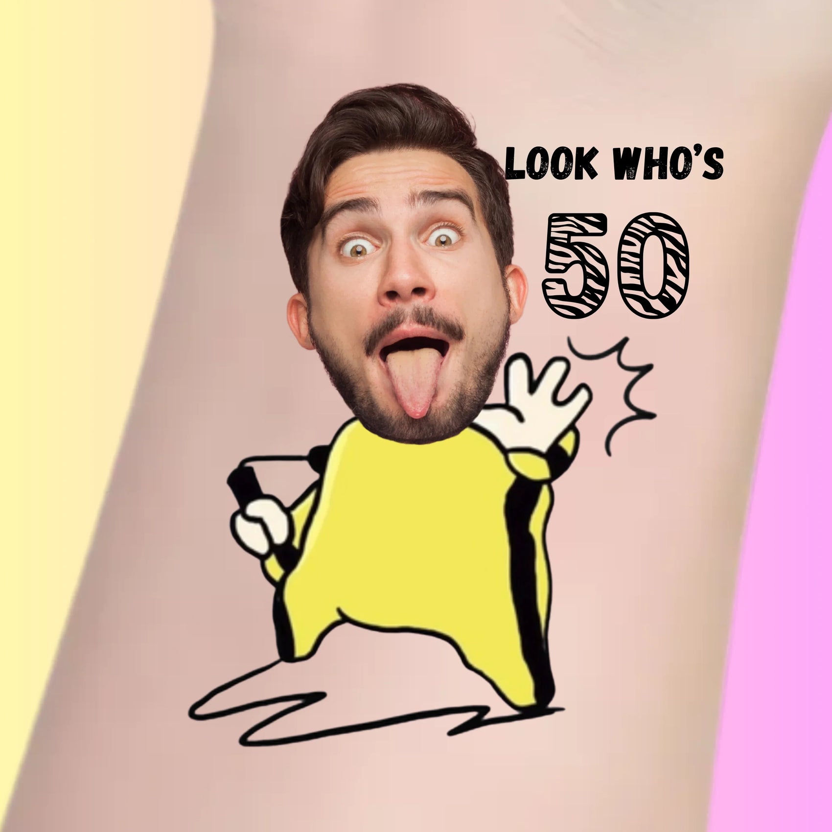 Custom temporary tattoo with cartoon body and photo face sticking out tongue, text 'Look Who's 50' for birthday party favor