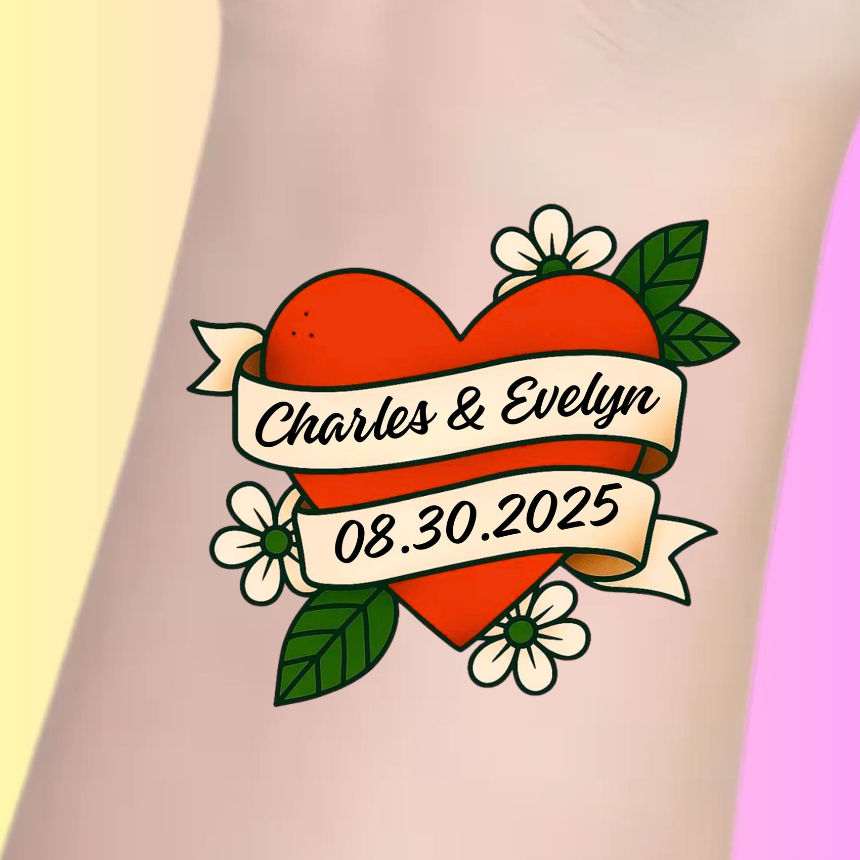 Custom Wedding Tattoos - Classic Red Heart & Banner