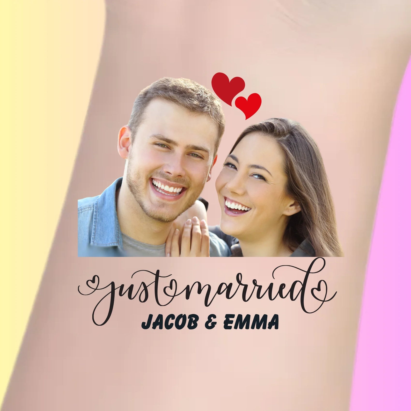 Custom temporary tattoo with smiling couple photo, red hearts, and text Just Married Jacob & Emma for wedding favor