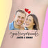 Custom temporary tattoo with smiling couple photo, red hearts, and text Just Married Jacob & Emma for wedding favor