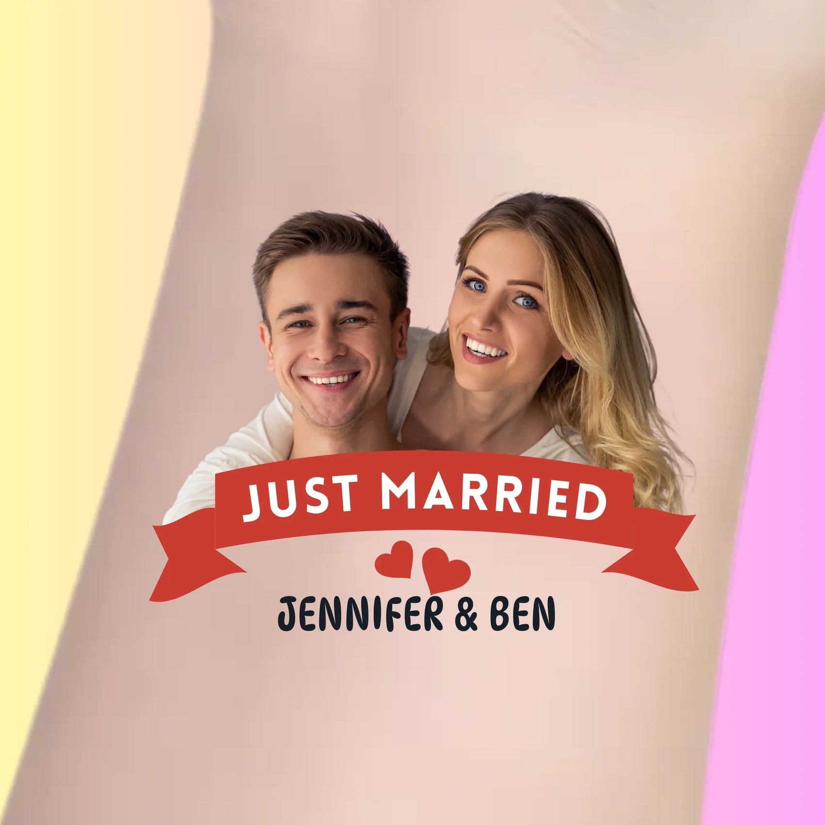 Custom temporary tattoo with couple's photo, Just Married banner, and personalized names Jennifer & Ben for wedding favors