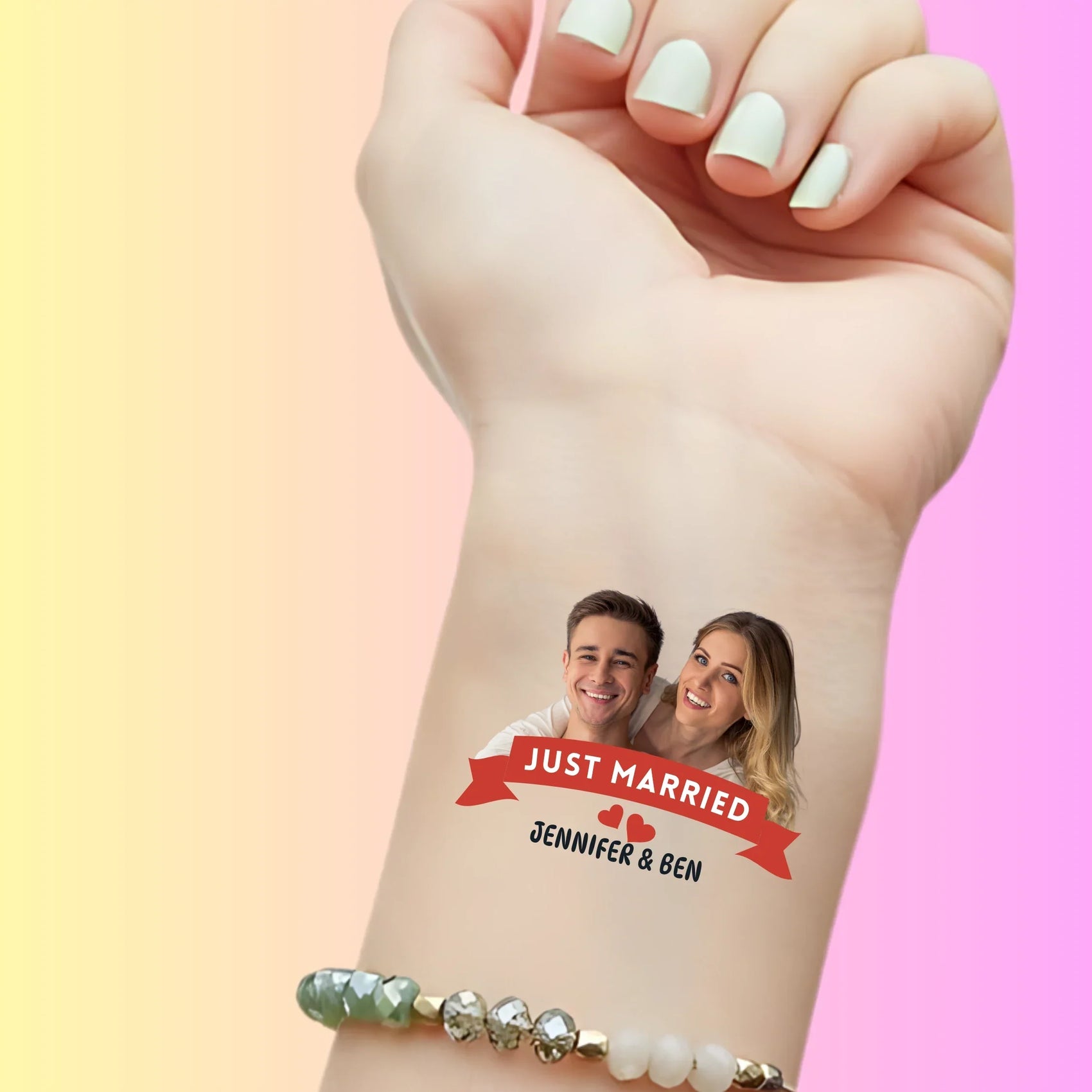 Custom temporary tattoo on wrist with photo and text Just Married Jennifer & Ben, personalized wedding party favor
