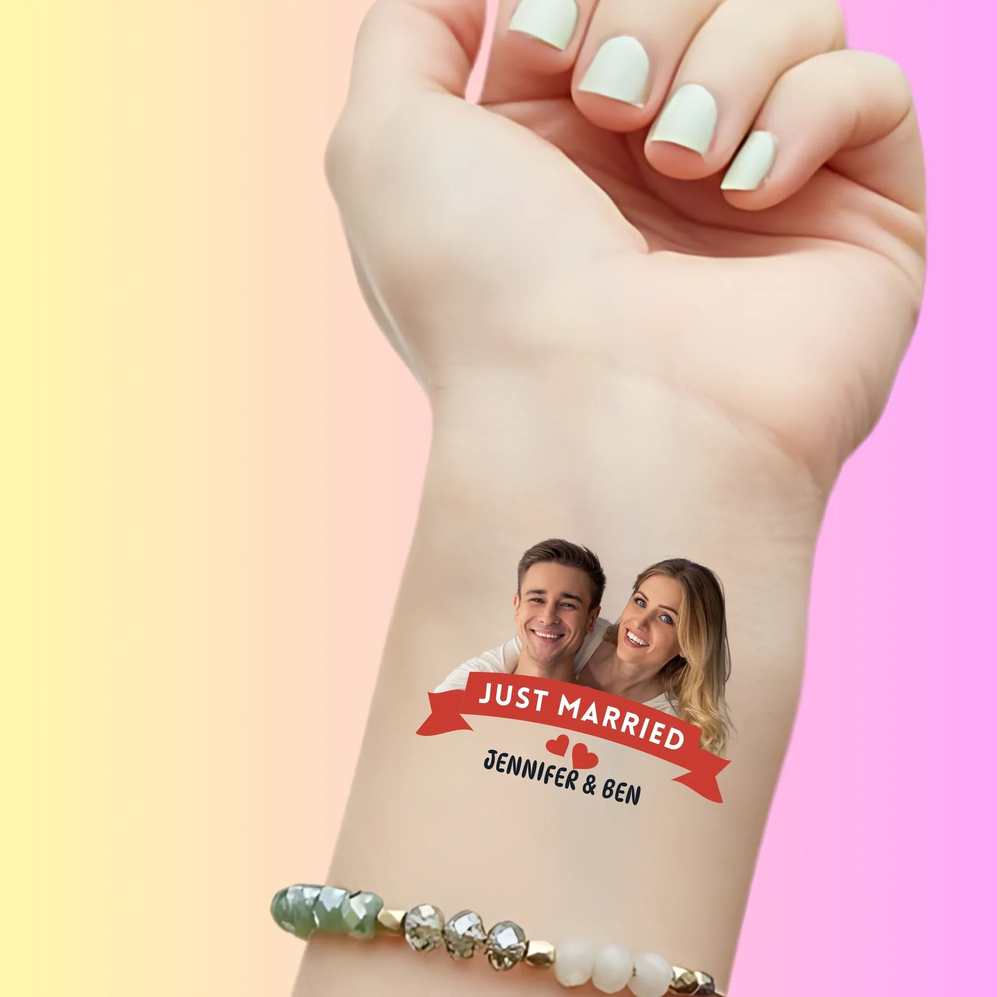 Custom temporary tattoo on wrist with photo and text Just Married Jennifer & Ben, personalized wedding party favor