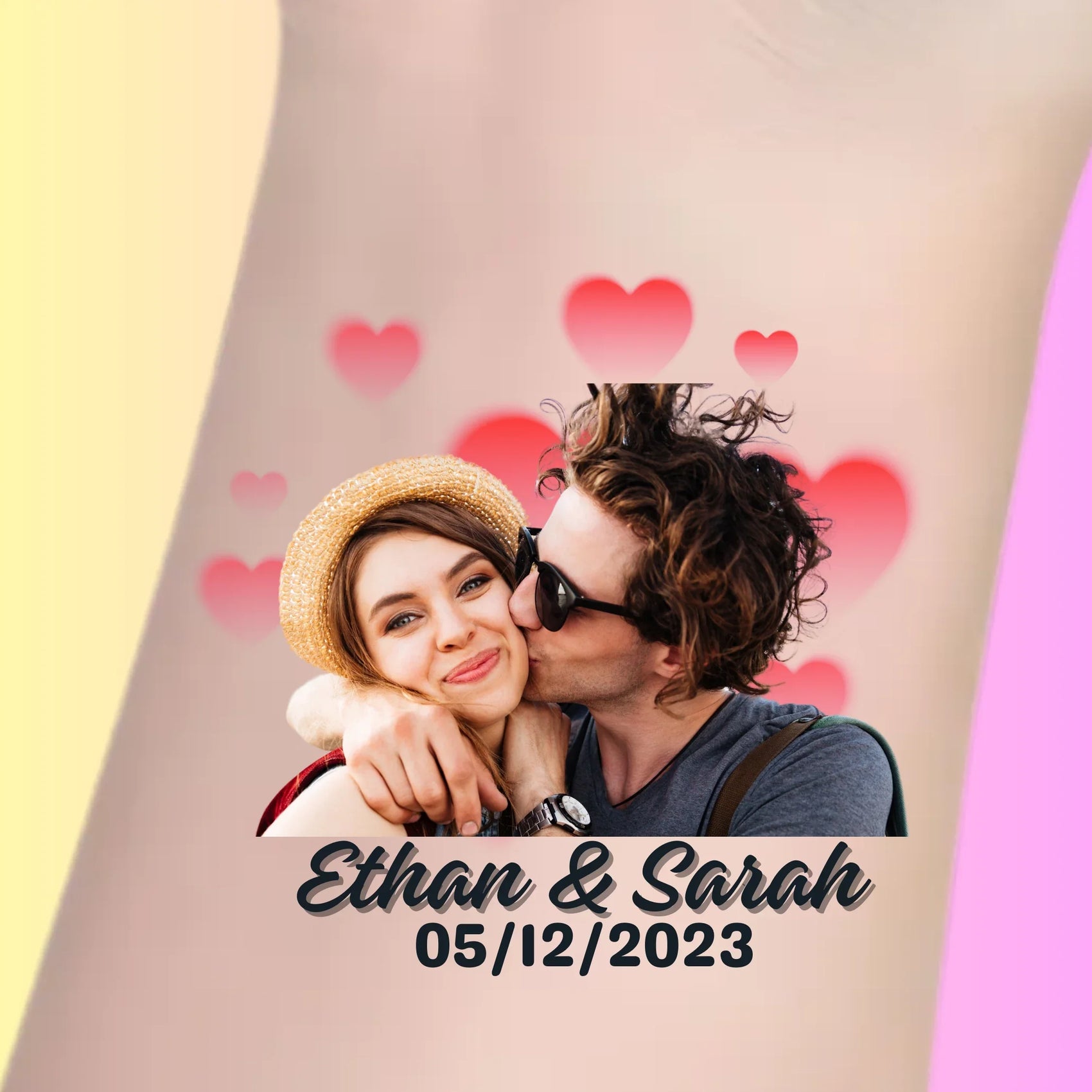 Custom temporary tattoo with couple photo, names Ethan & Sarah, date 05/12/2023, personalized wedding favor