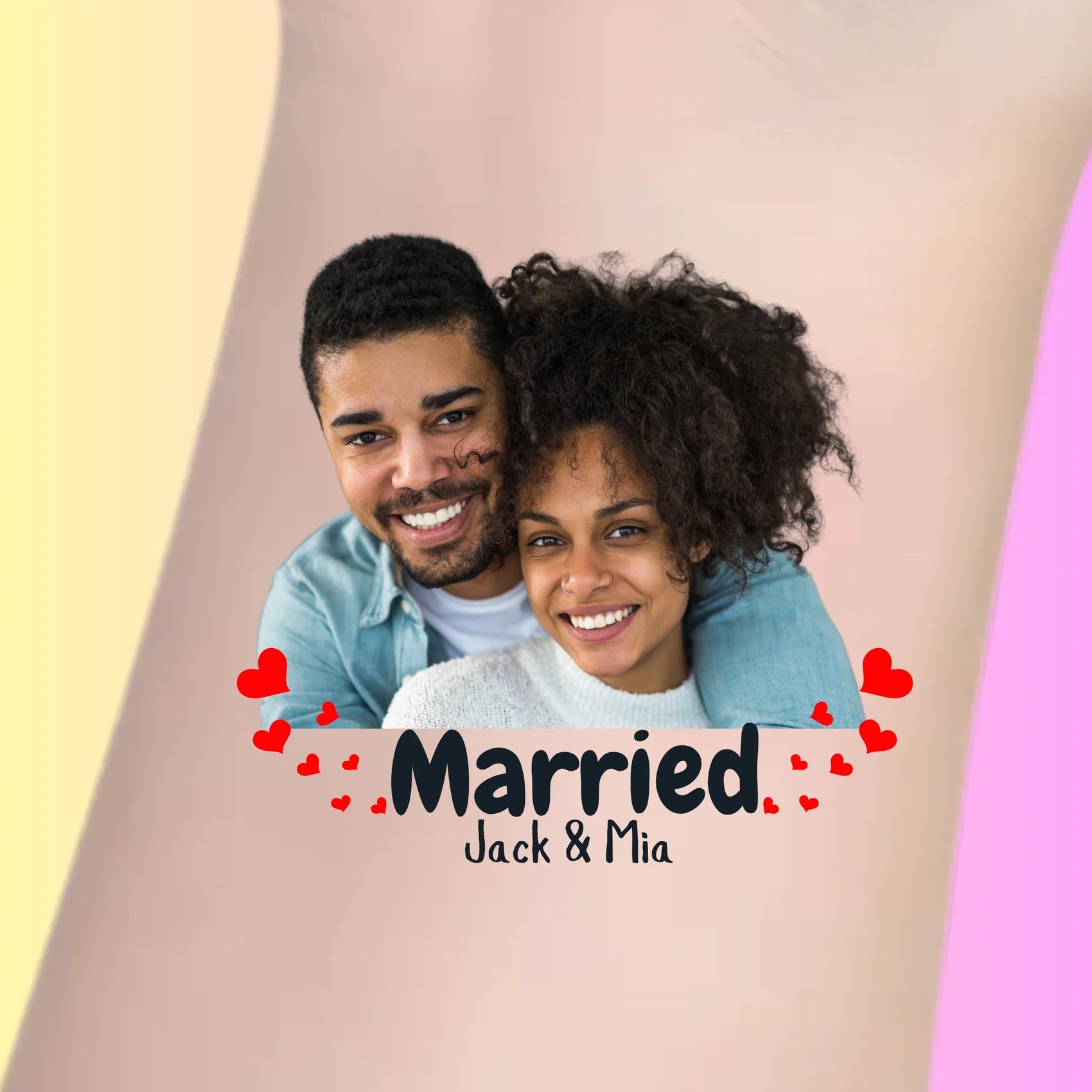 Custom temporary tattoo with smiling couple photo, 'Married Jack & Mia' text, red hearts, personalized wedding favor