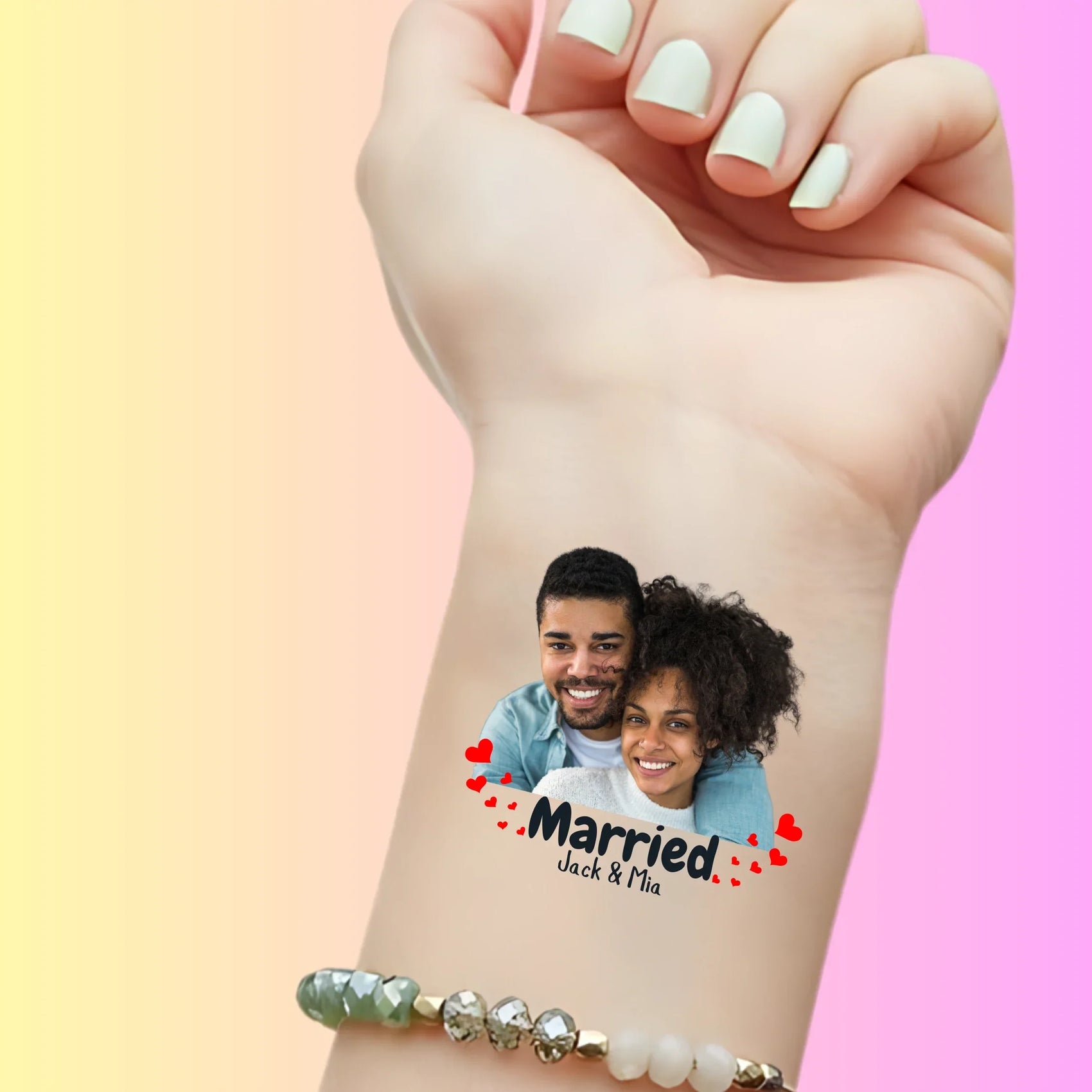 Custom temporary tattoo on wrist featuring photo of smiling couple and text Married Jack & Mia, personalized party favor for weddings
