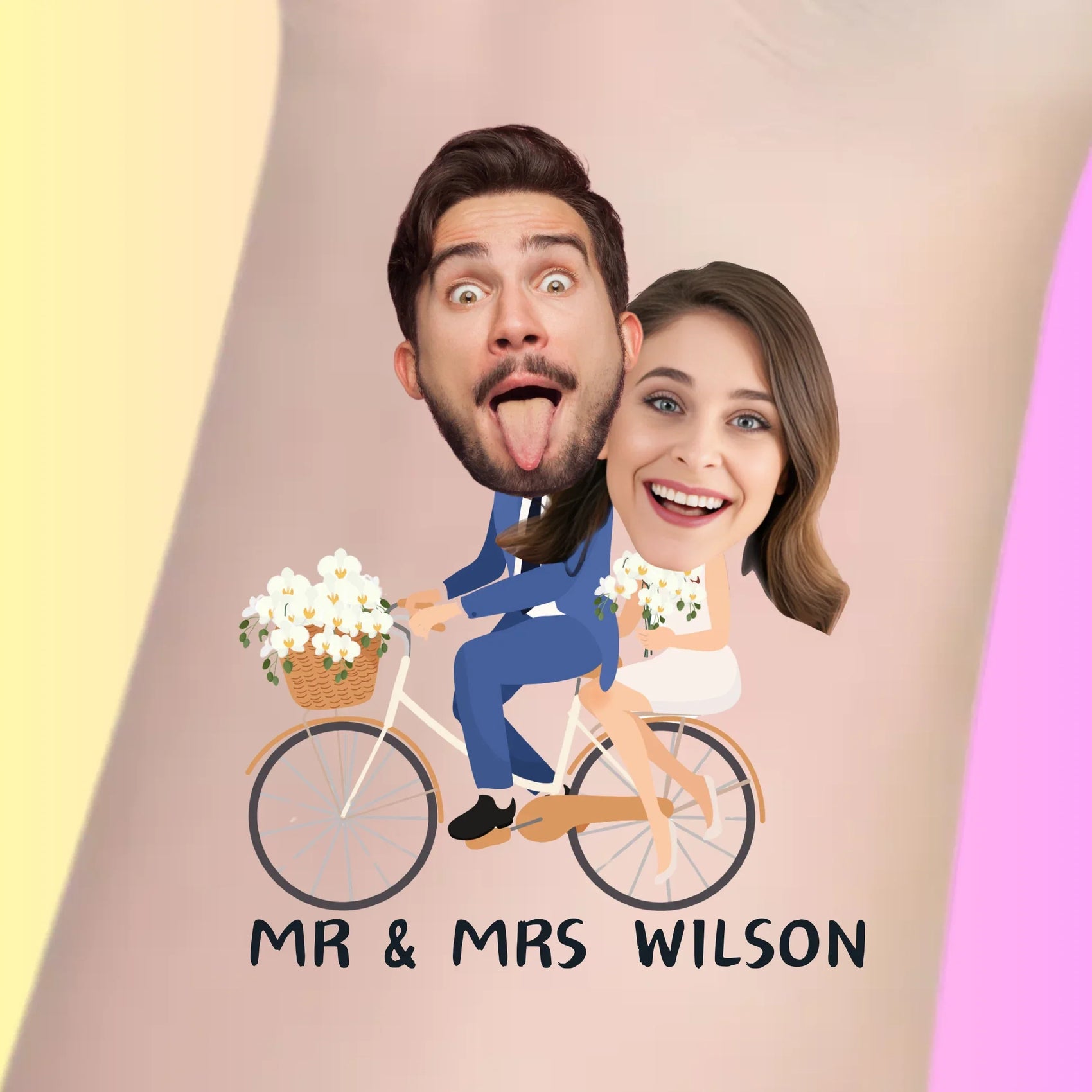 Custom temporary tattoo of bride and groom on bicycle with flowers, personalized party favor for wedding Mr & Mrs Wilson