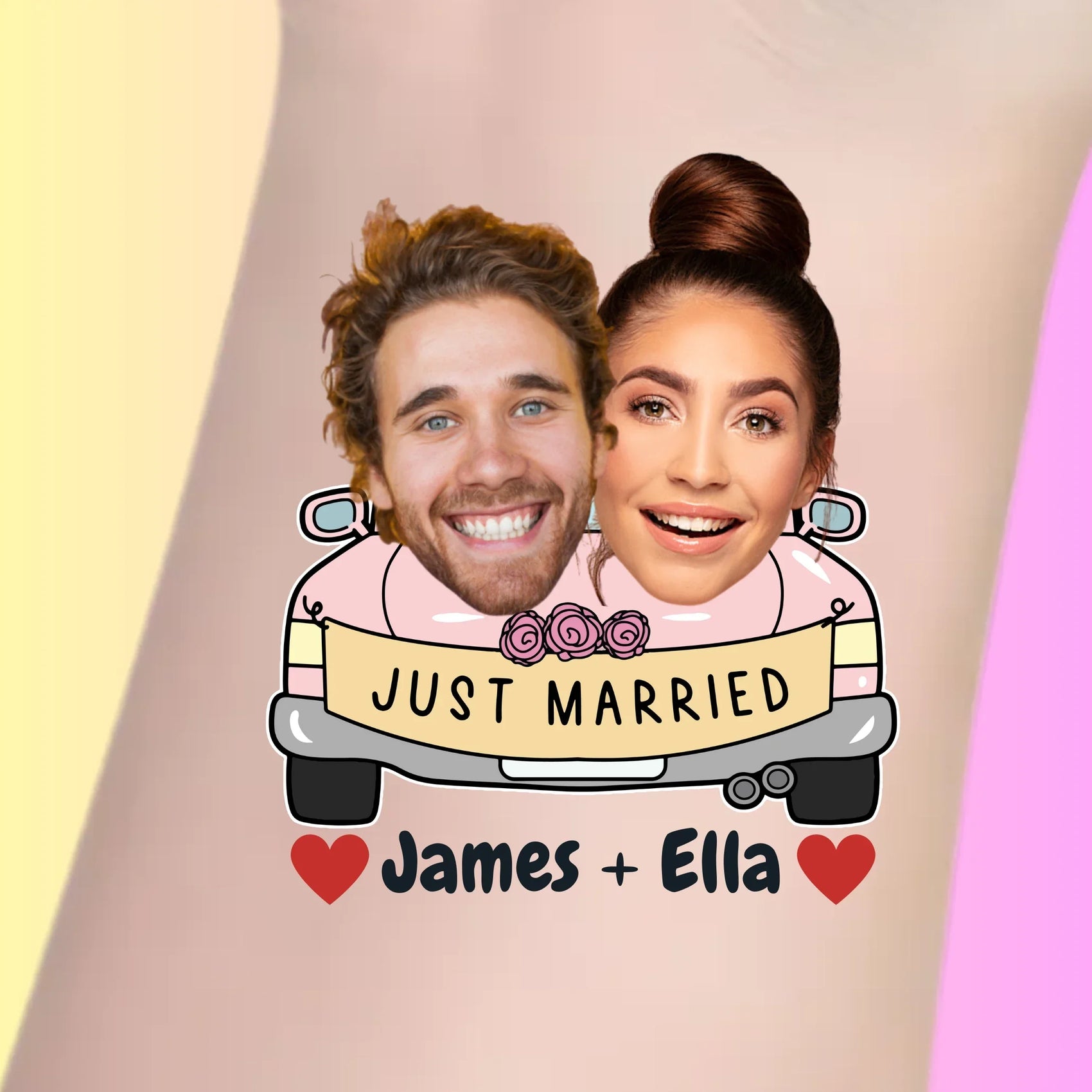 Custom temporary tattoo of just married car with smiling faces and names James and Ella, personalized party favor