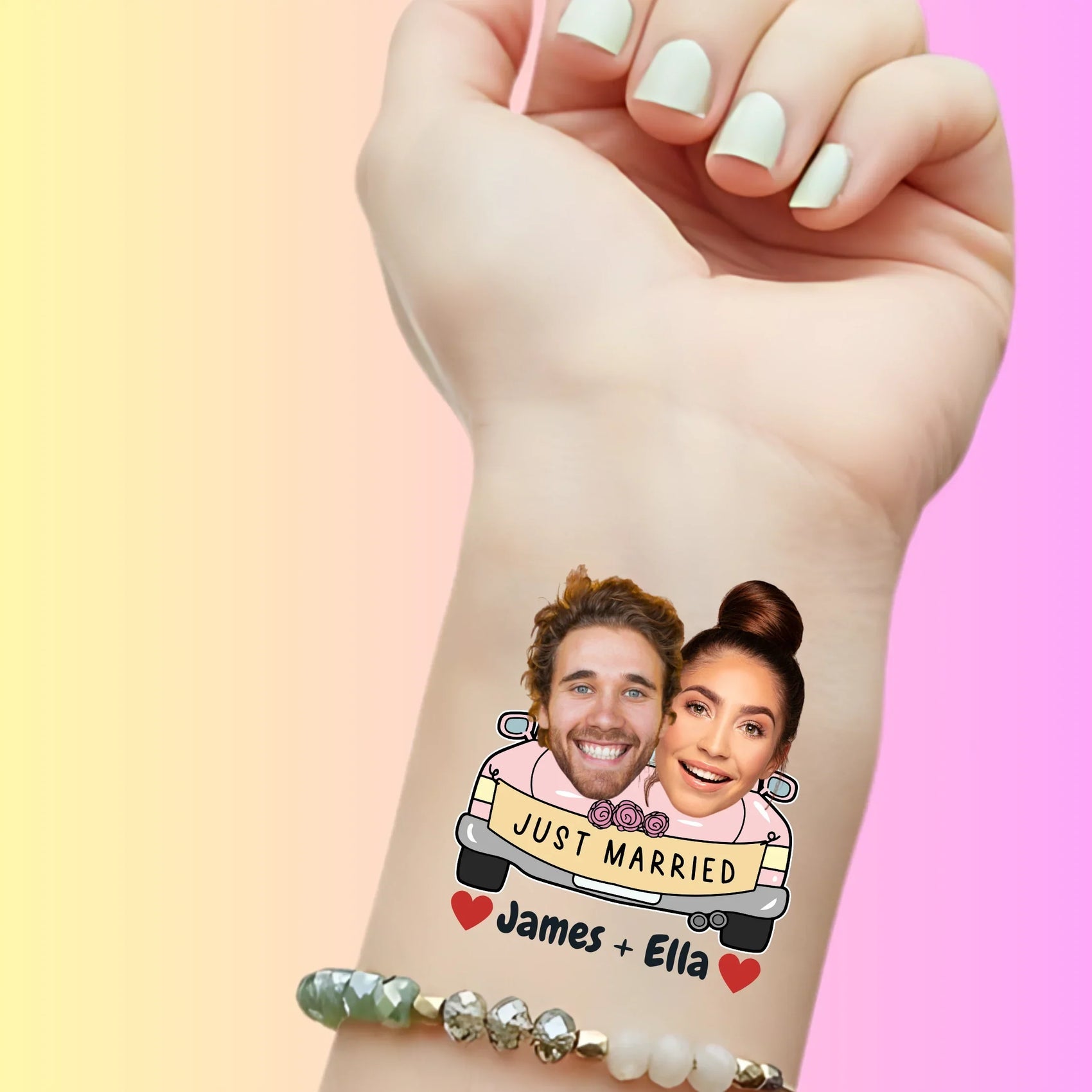 Custom temporary tattoo on wrist featuring cartoon car with faces and text Just Married James + Ella, personalized party favor for wedding