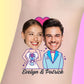 Custom temporary tattoo with smiling cartoon bride and groom and names Evelyn & Patrick for wedding favor