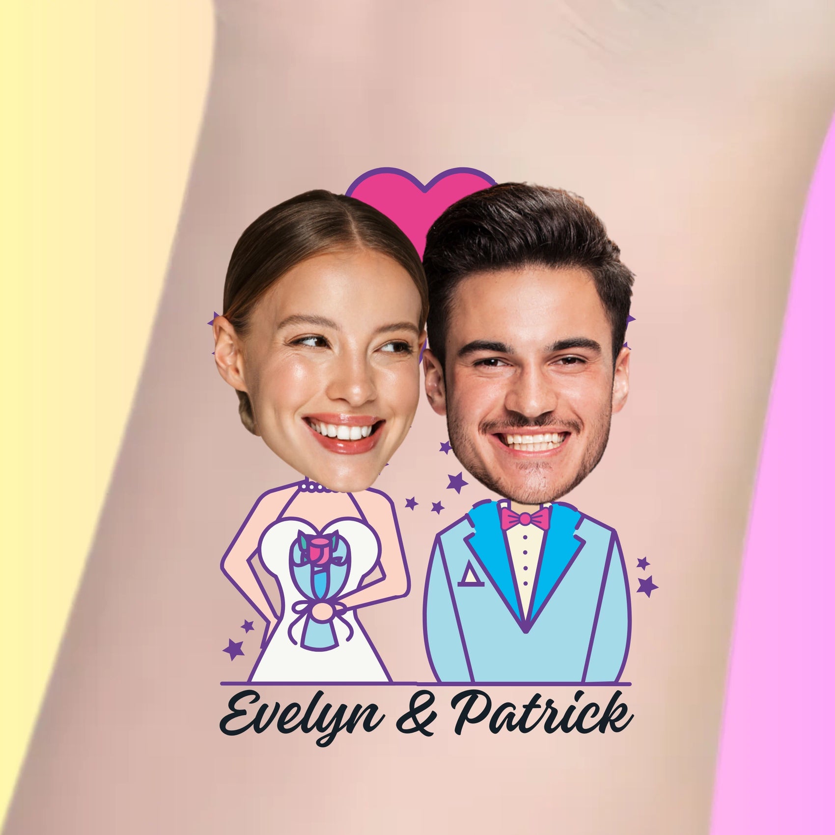 Custom temporary tattoo with smiling cartoon bride and groom and names Evelyn & Patrick for wedding favor