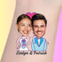 Custom temporary tattoo with smiling cartoon bride and groom and names Evelyn & Patrick for wedding favor