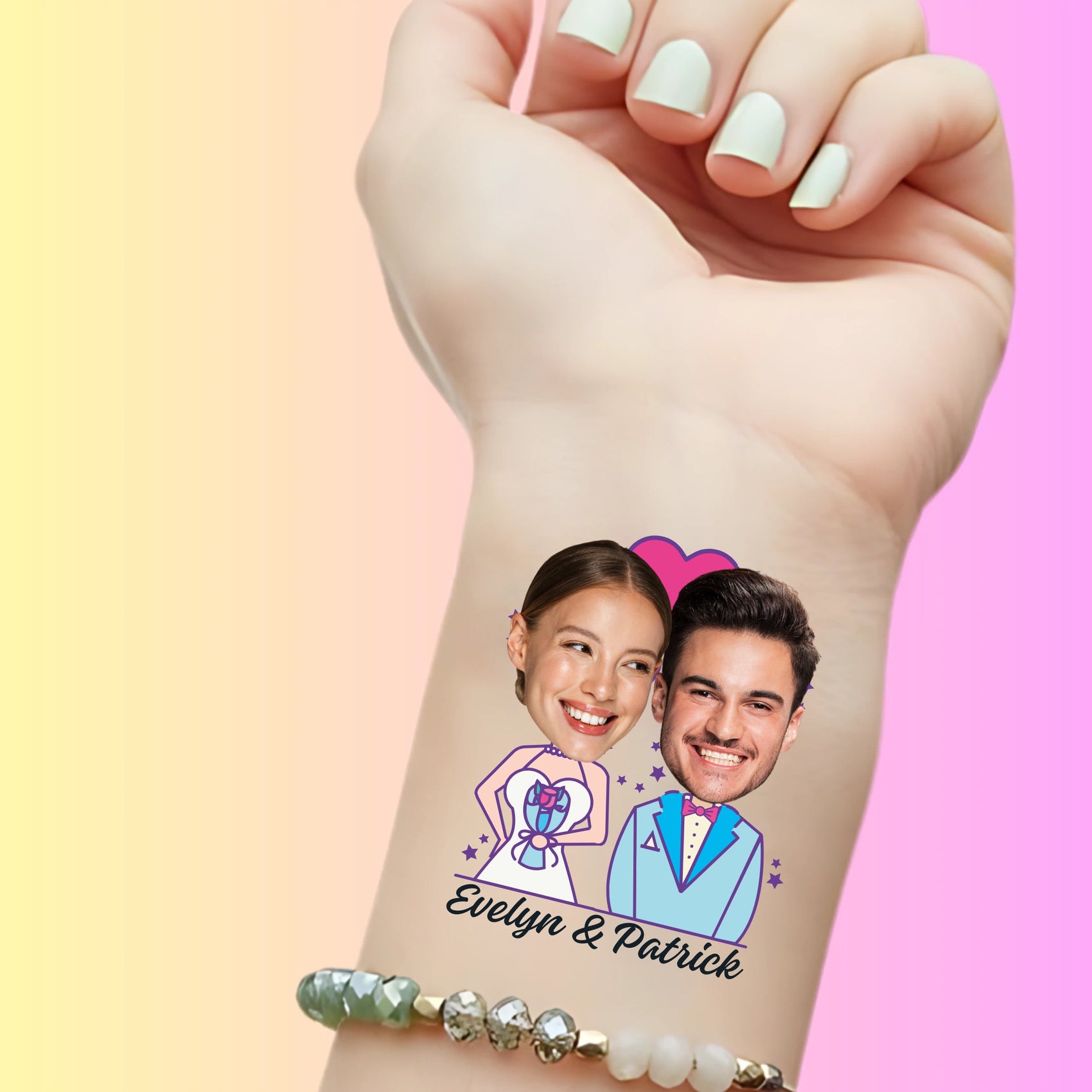 Custom temporary tattoo on wrist with bride and groom cartoon and real faces, wedding favor Evelyn & Patrick