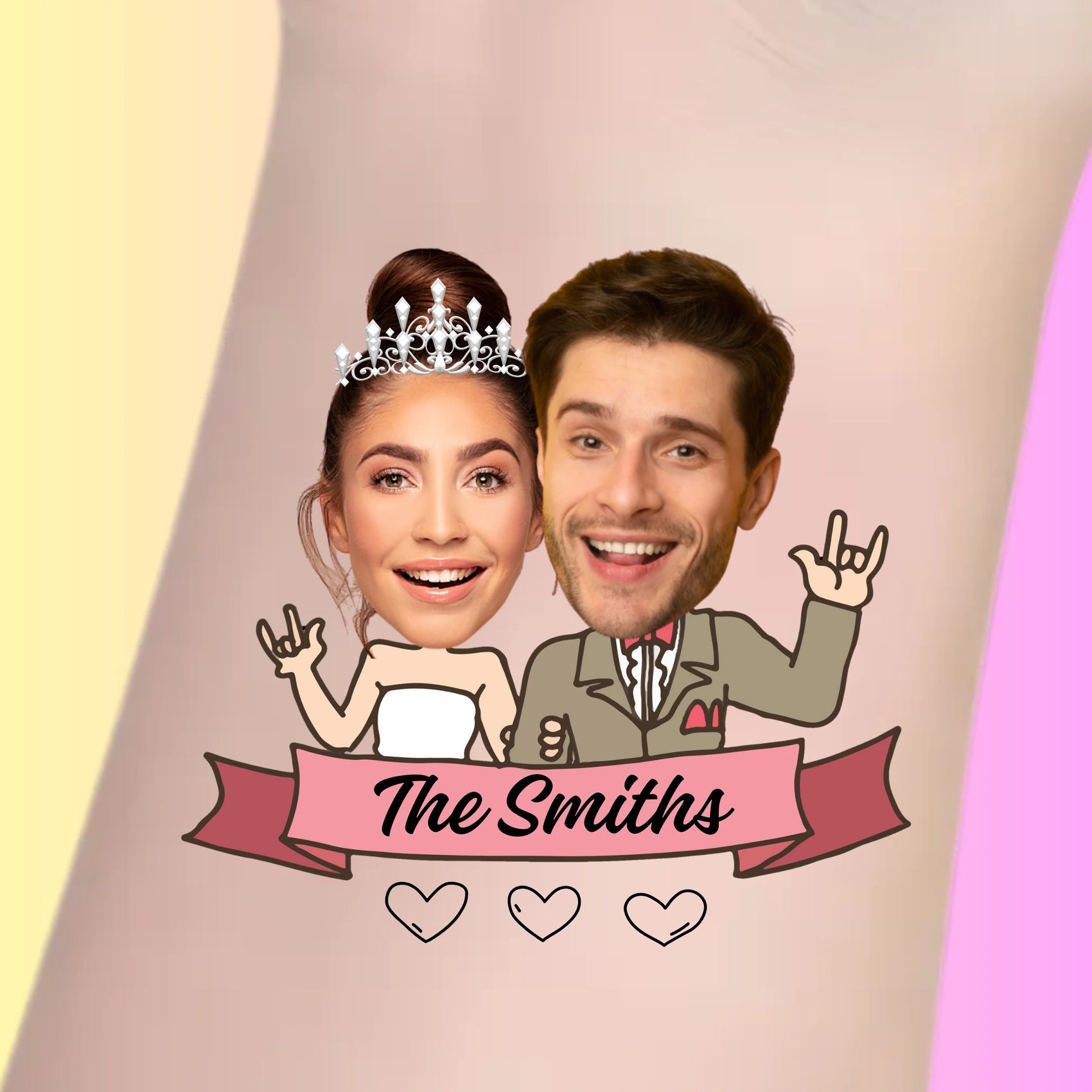 Custom temporary tattoo with cartoon bride and groom faces, "The Smiths" banner, personalized party favor for wedding
