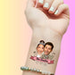 custom temporary tattoo on wrist of bride and groom faces with 'The Smiths' banner, personalized party favor for wedding
