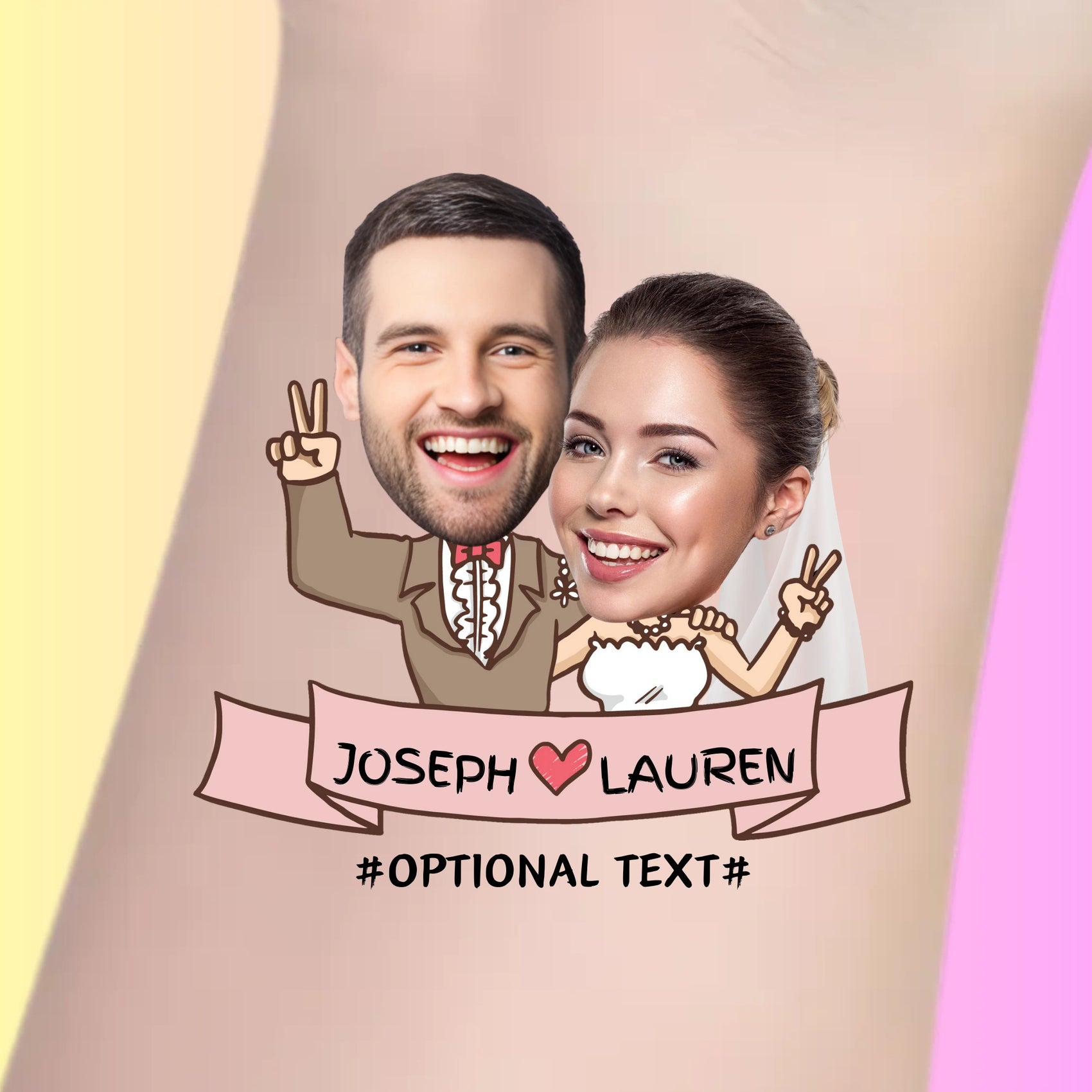 custom temporary tattoo of bride and groom with Joseph heart Lauren banner for personalized wedding favor