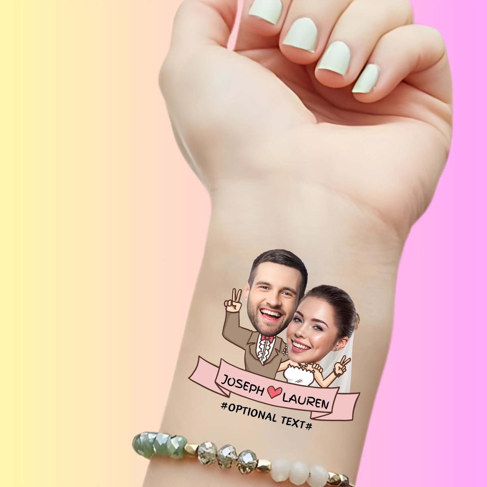 Custom temporary tattoo on wrist featuring a bride and groom caricature with Joseph and Lauren names, personalized party favor for wedding