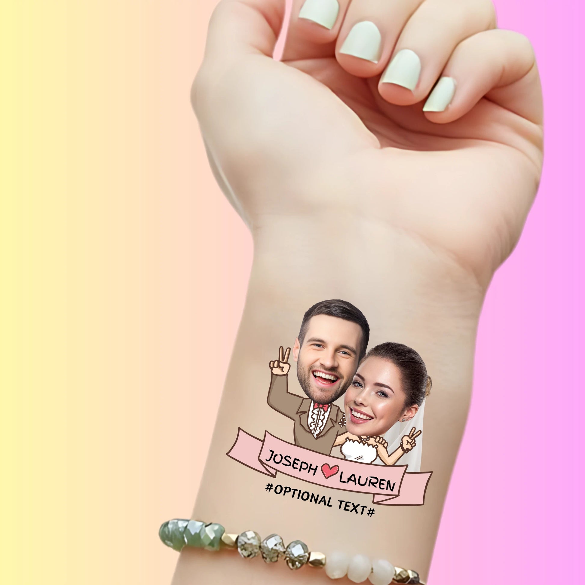 Custom temporary tattoo on wrist featuring a bride and groom caricature with Joseph and Lauren names, personalized party favor for wedding