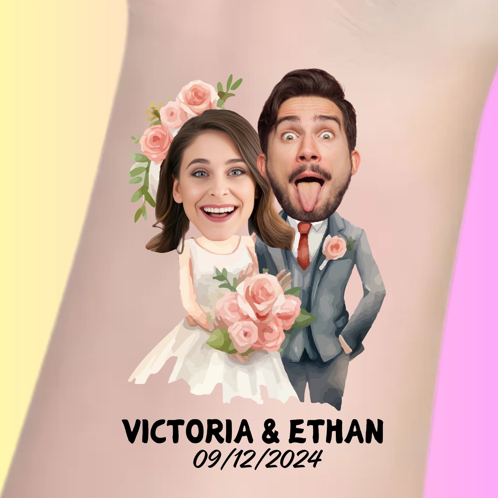 Custom temporary tattoo of bride and groom caricature with flowers, personalized party favor for wedding