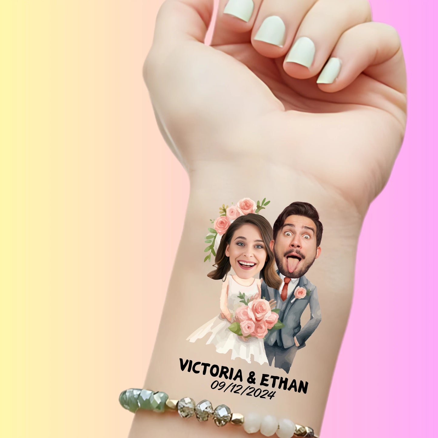 Custom temporary tattoo of bride and groom caricature with flowers, personalized party favor for wedding with names Victoria & Ethan and date 09/12/2024